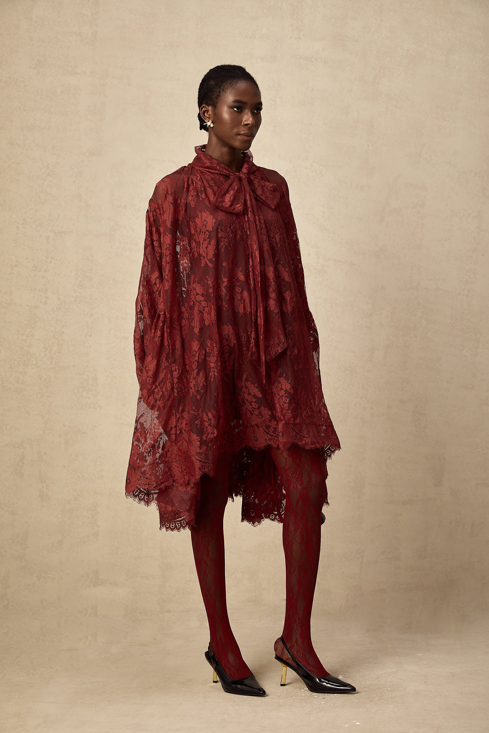 Coline red chantilly lace oversize dress (Final Sale-US Only)