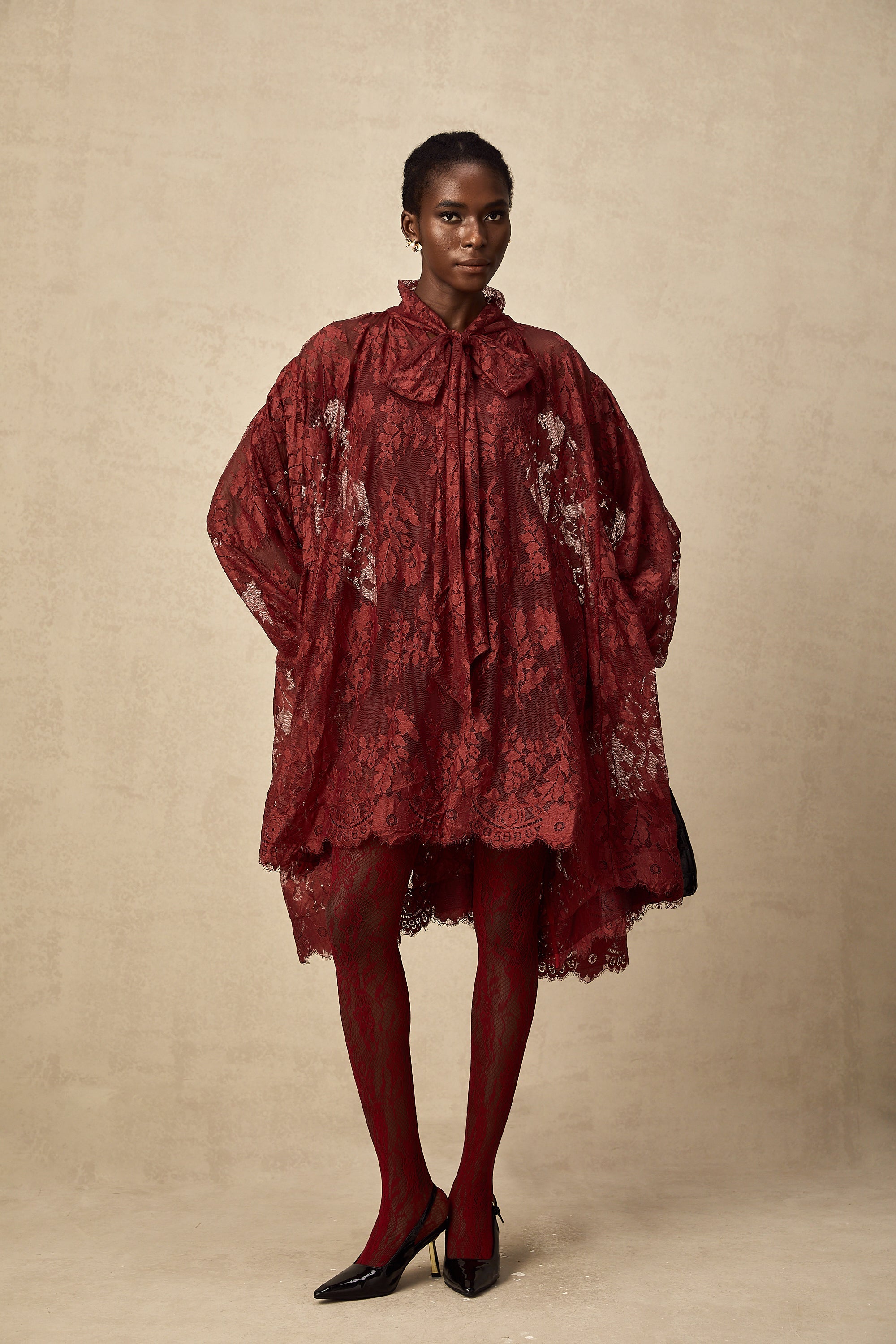 Coline red chantilly lace oversize dress (Final Sale-US Only)