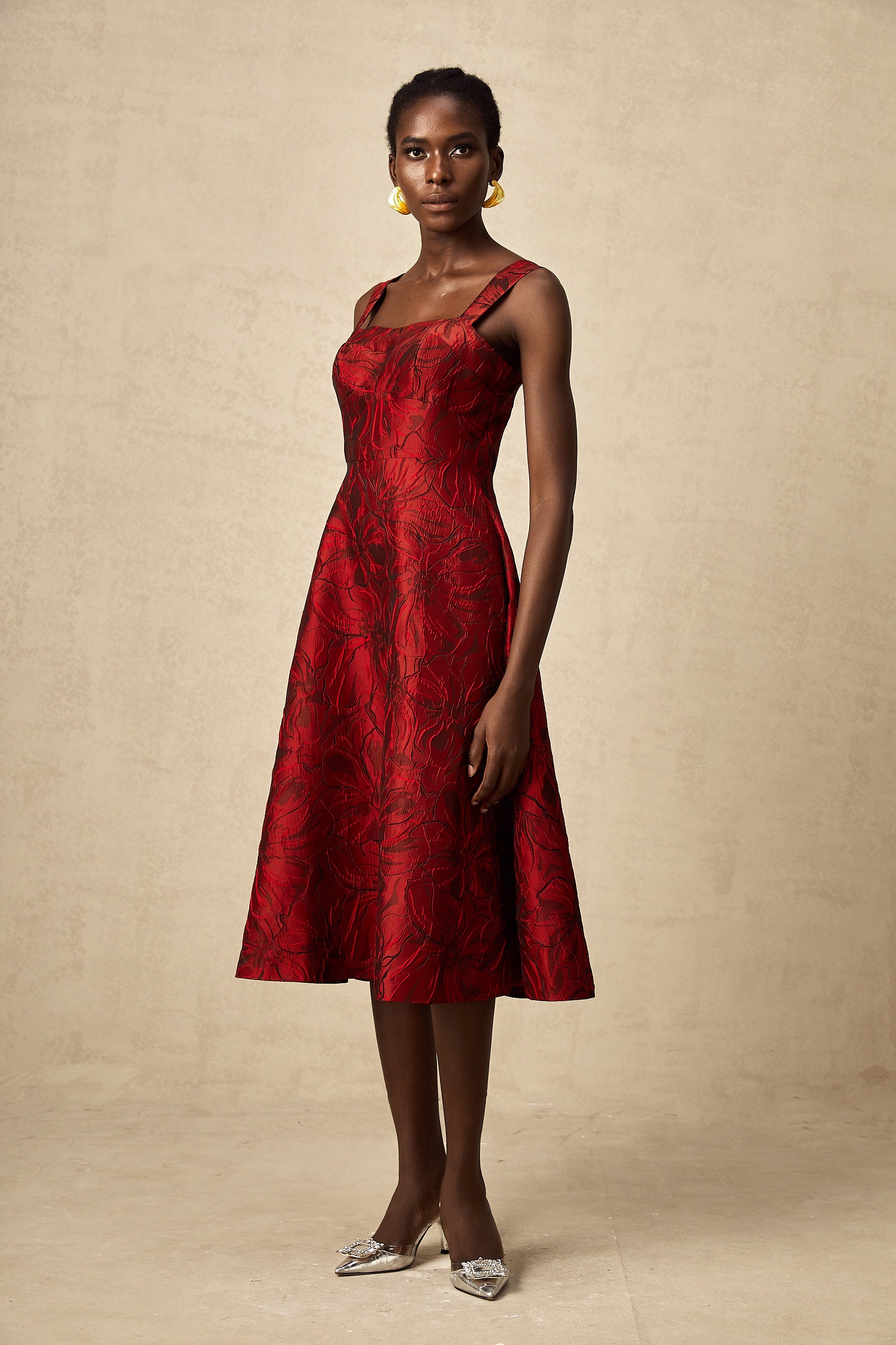Hélène red floral-jacquard midi dress (US Only)