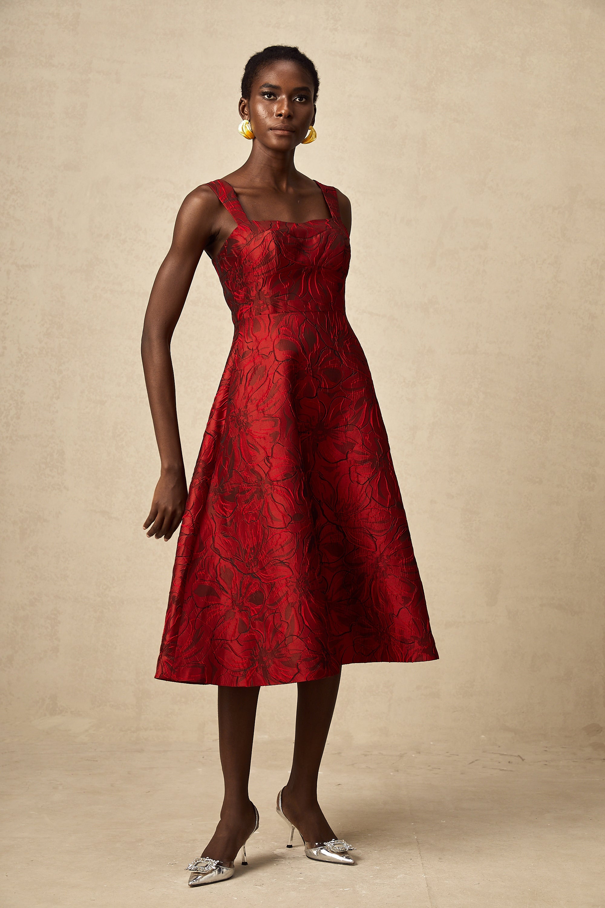 Hélène red floral-jacquard midi dress (US Only)