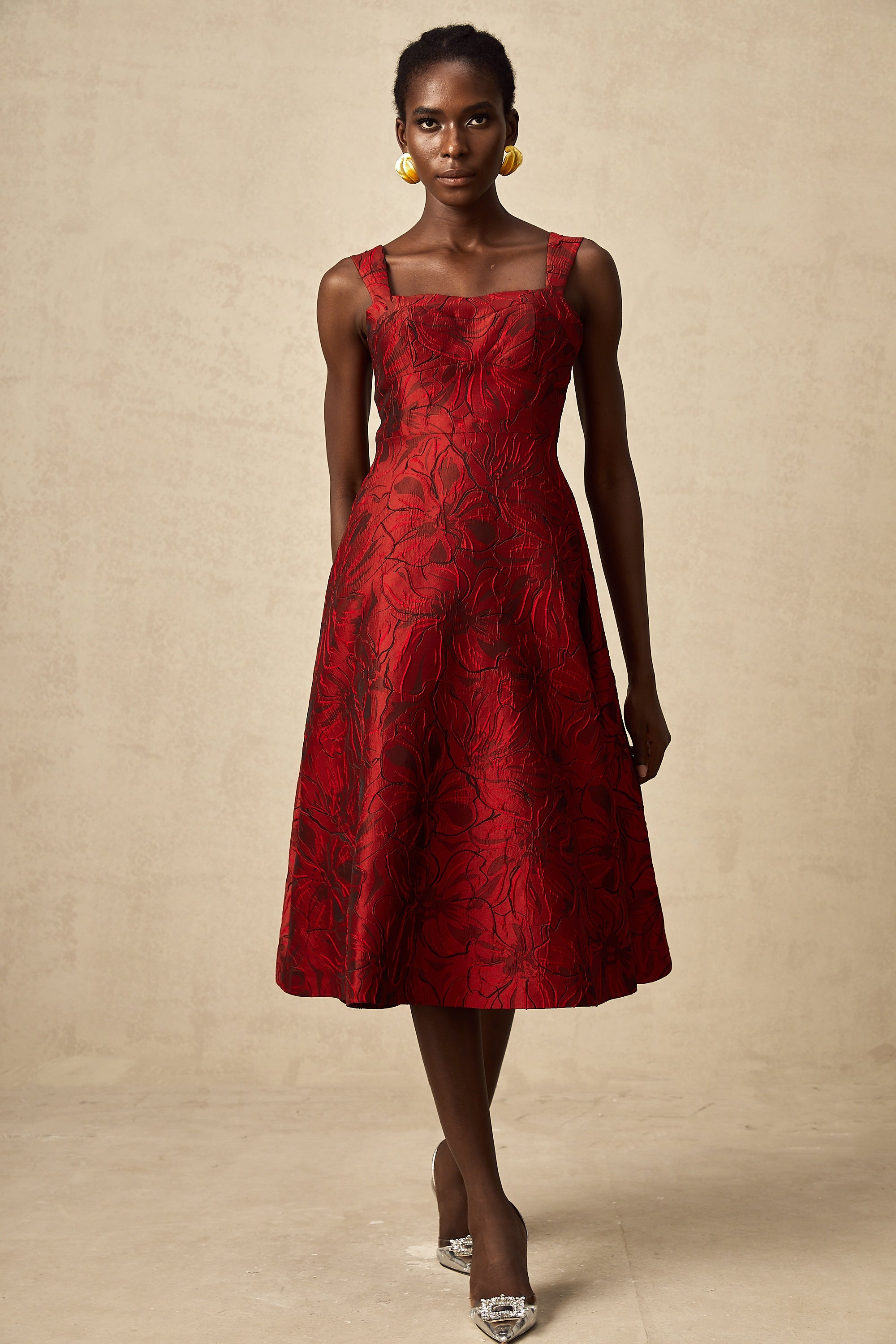 Hélène red floral-jacquard midi dress (US Only)