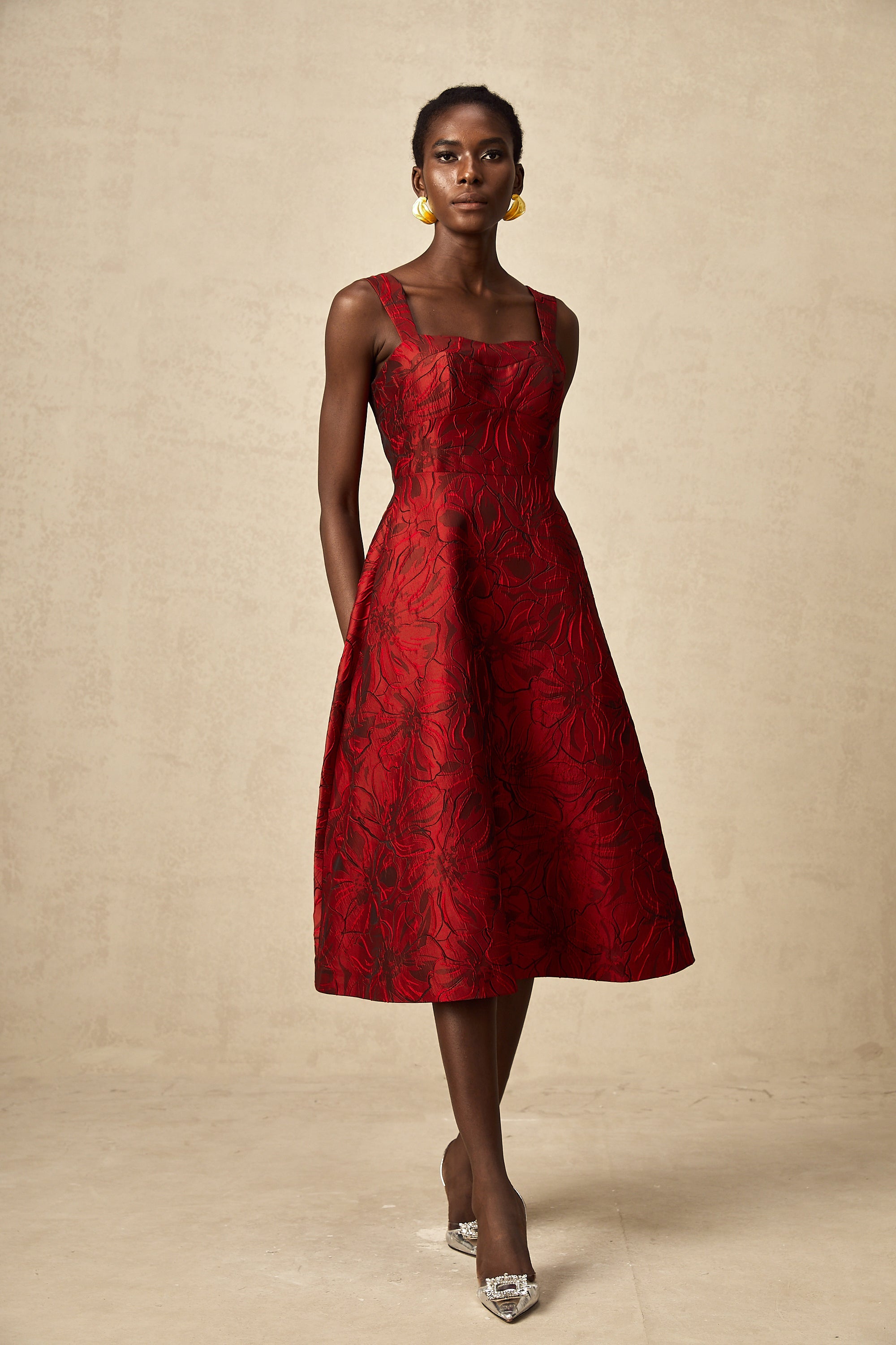 Hélène red floral-jacquard midi dress (US Only)