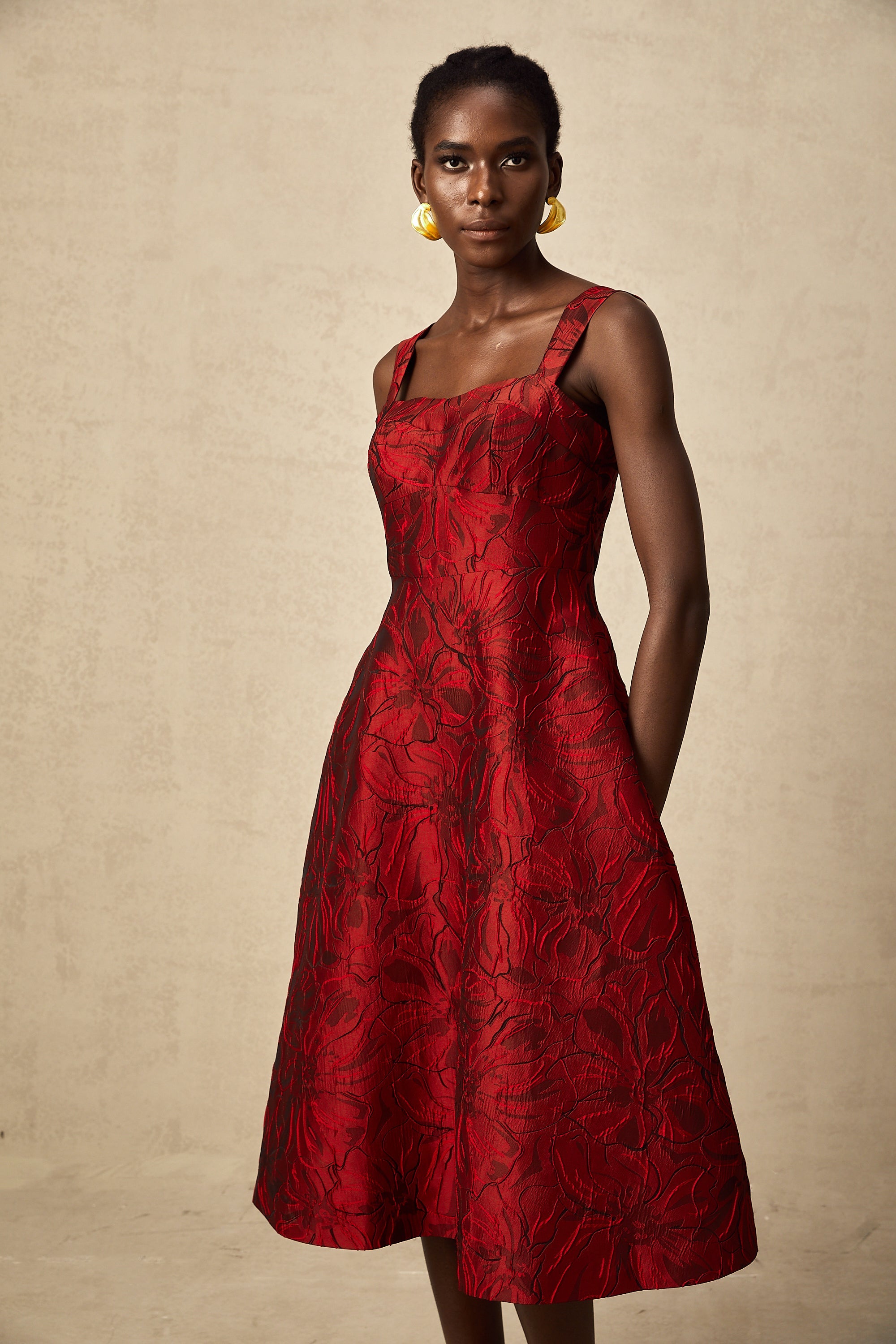 Hélène red floral-jacquard midi dress (US Only)
