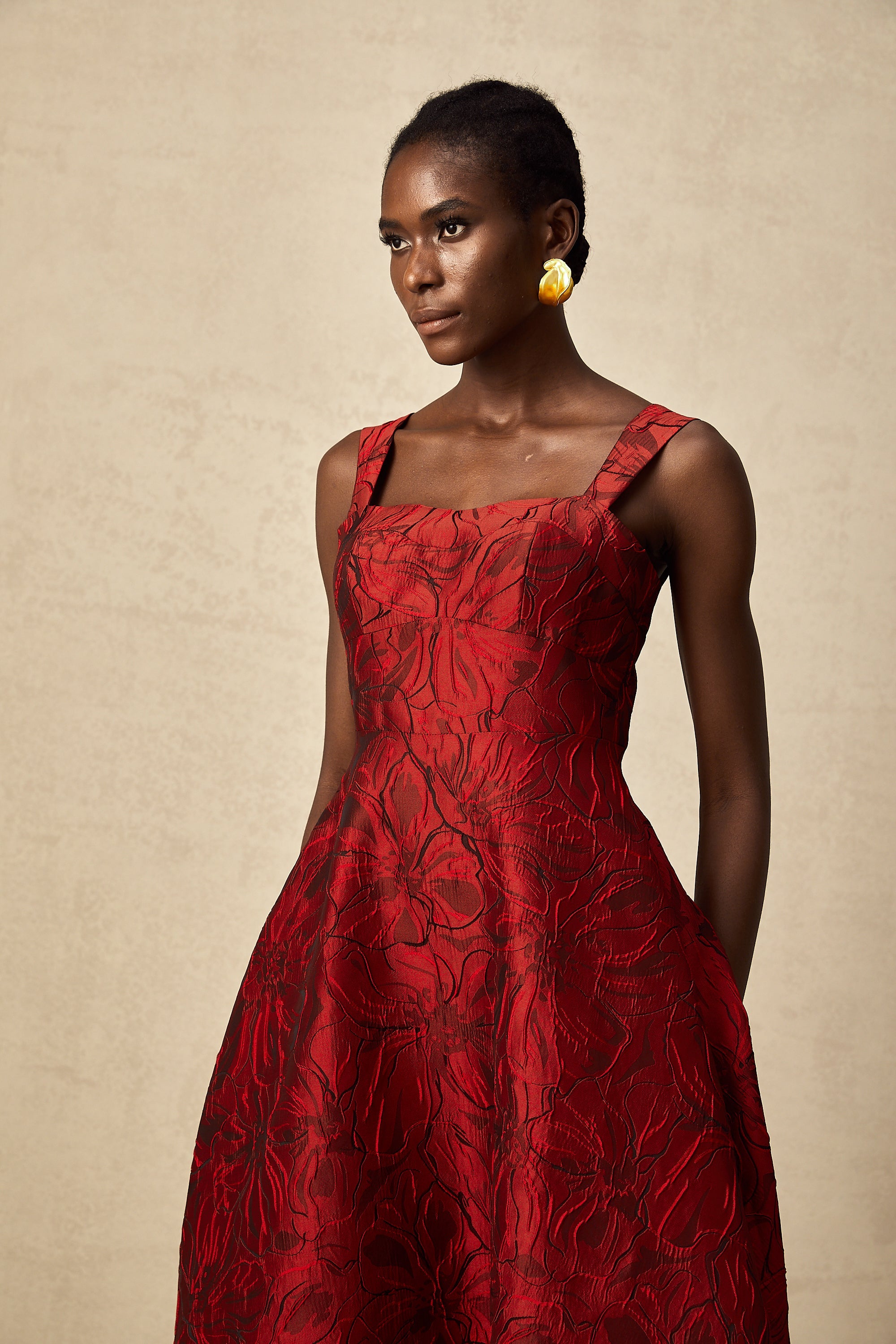 Hélène red floral-jacquard midi dress (US Only)