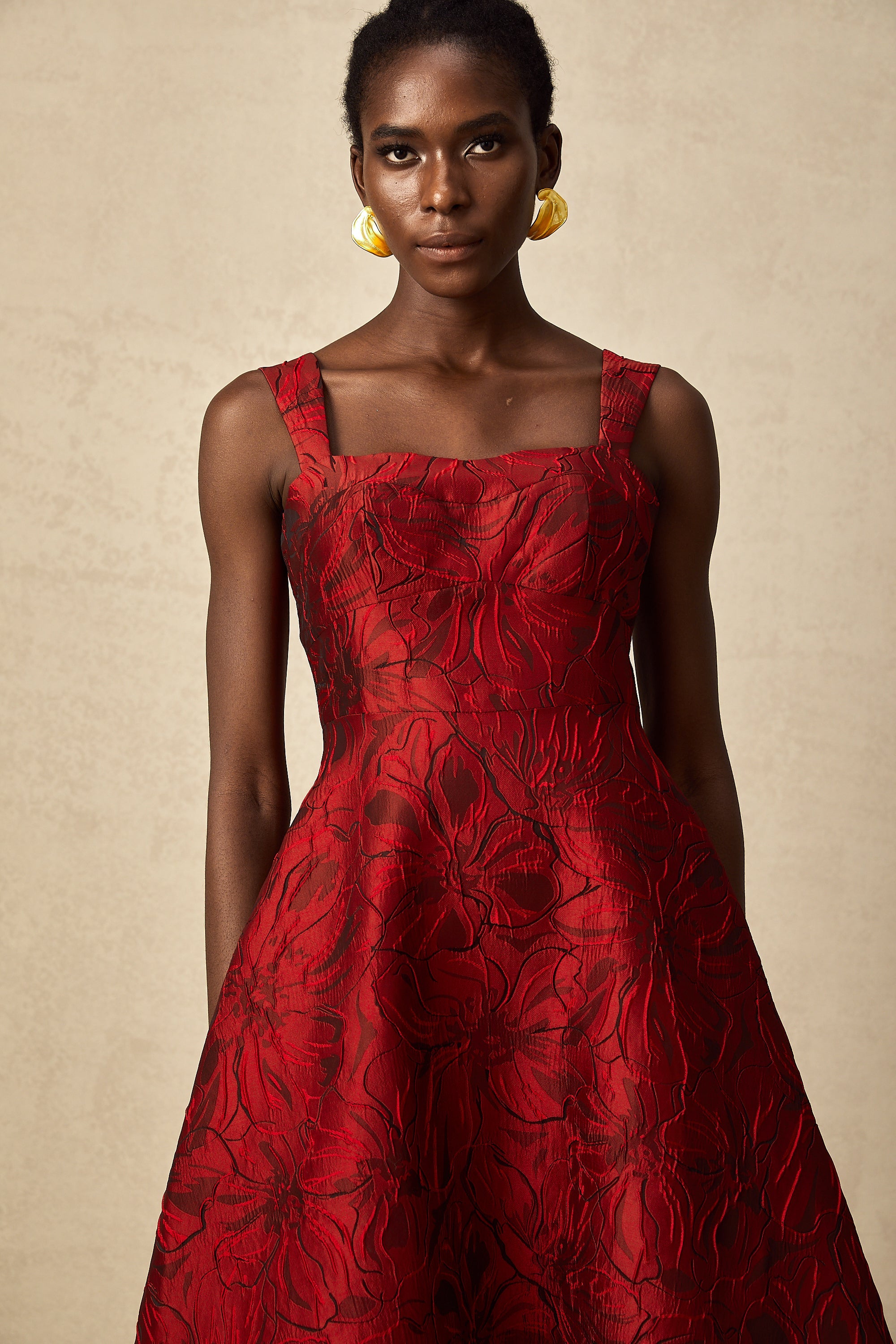 Hélène red floral-jacquard midi dress (US Only)