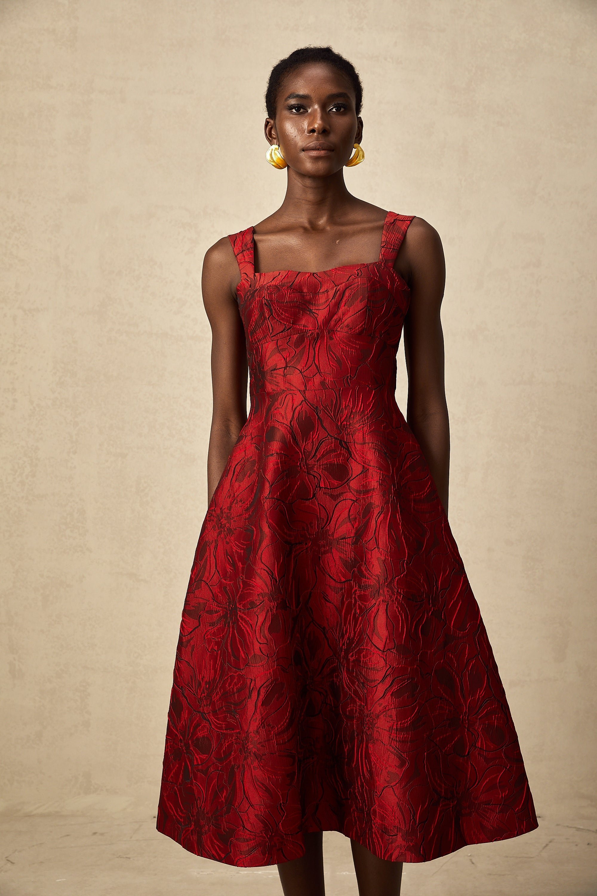 Hélène red floral-jacquard midi dress (US Only)