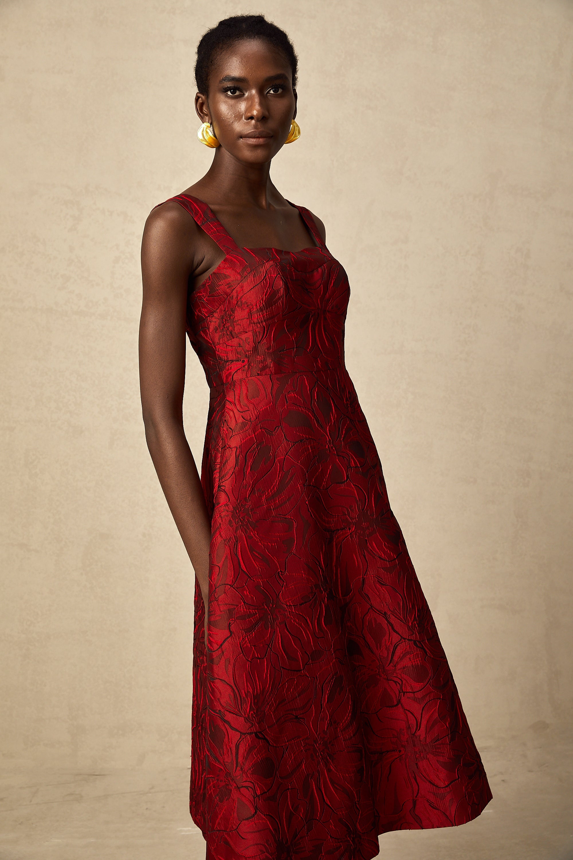 Hélène red floral-jacquard midi dress (US Only)