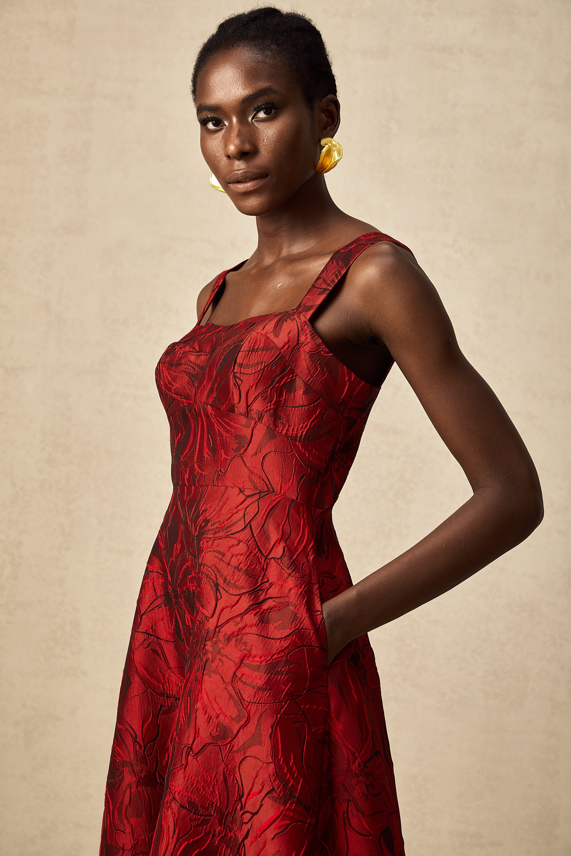 Hélène red floral-jacquard midi dress (US Only)
