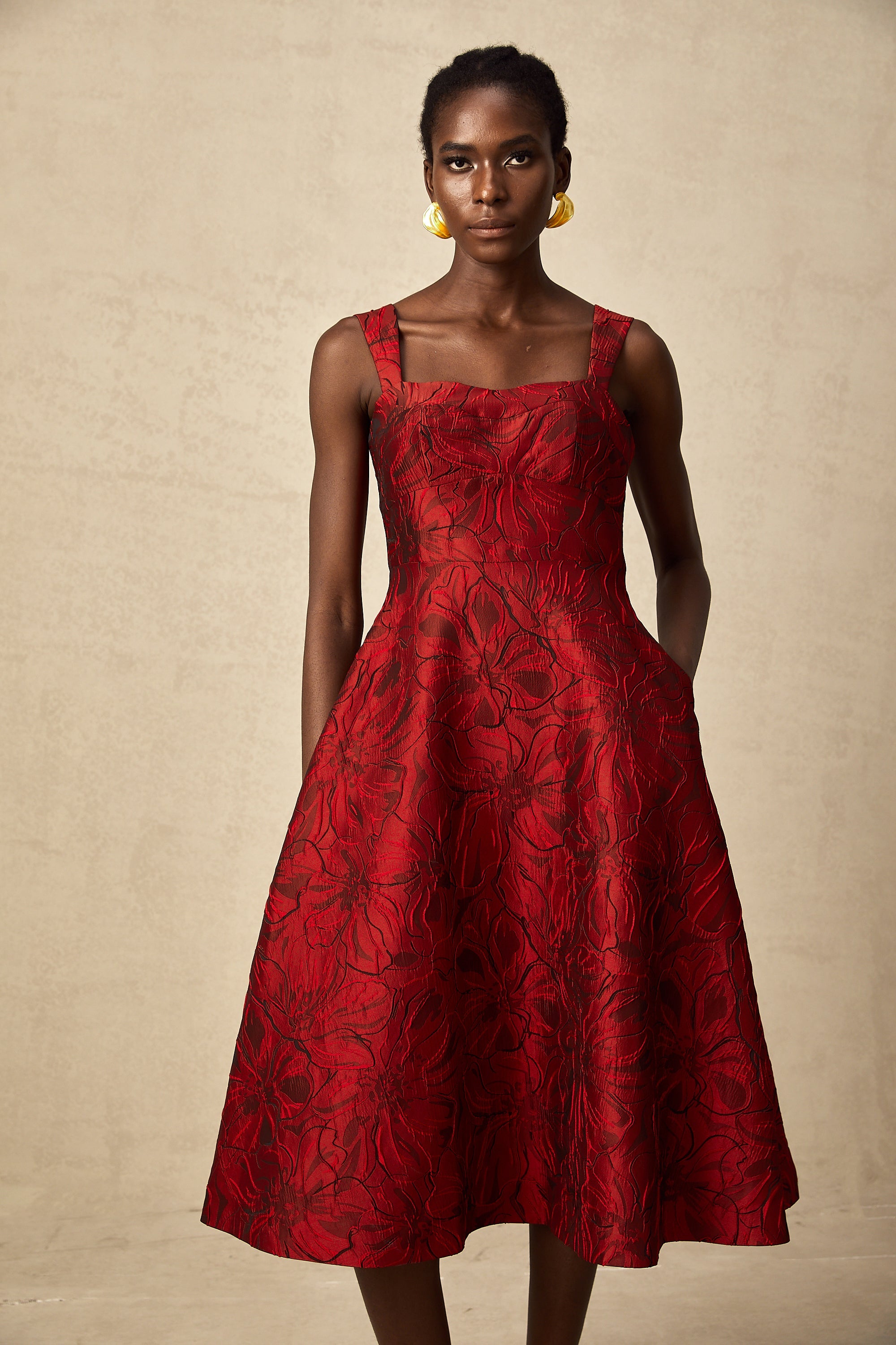 Hélène red floral-jacquard midi dress (US Only)