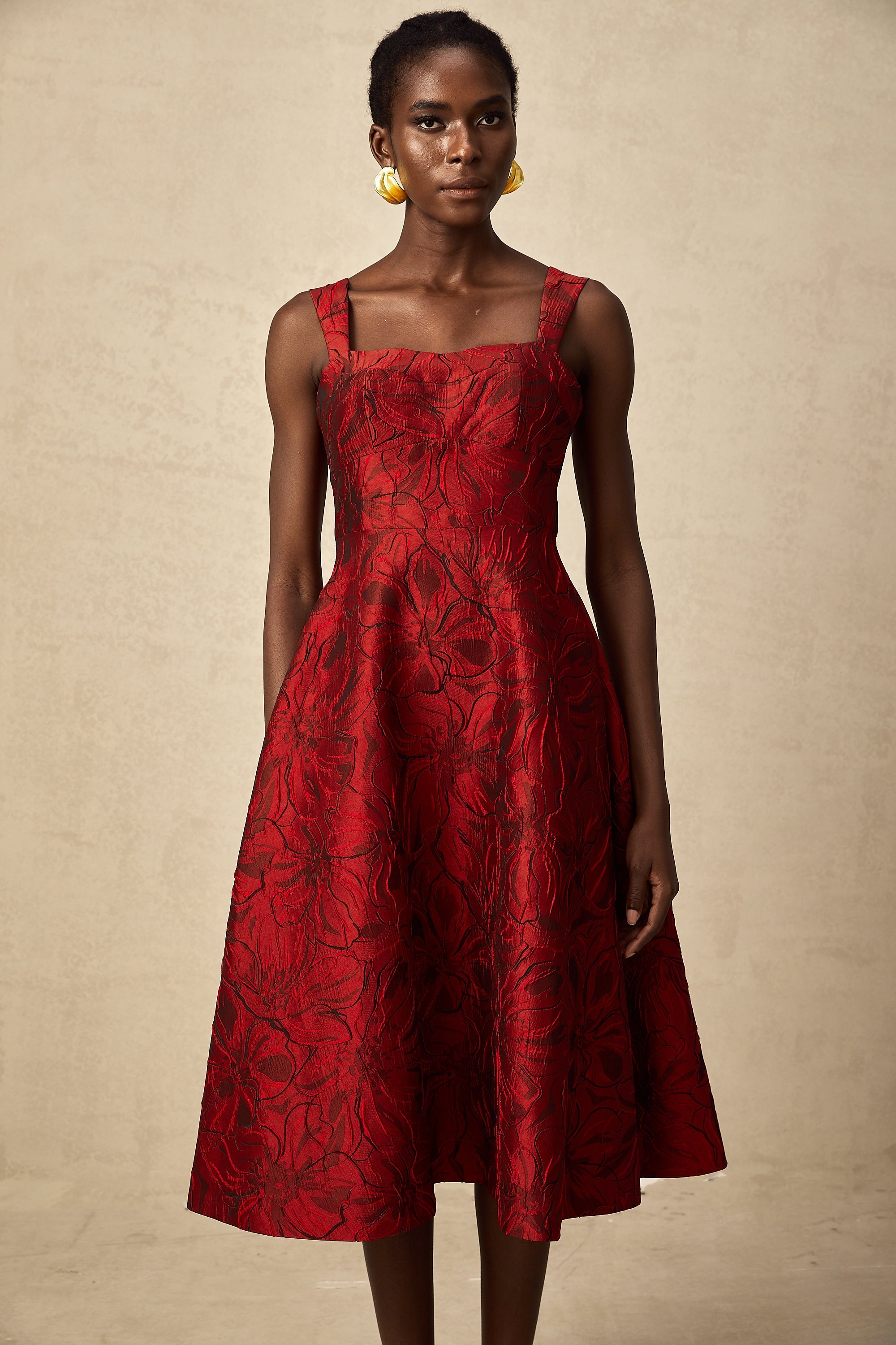 Hélène red floral-jacquard midi dress (US Only)