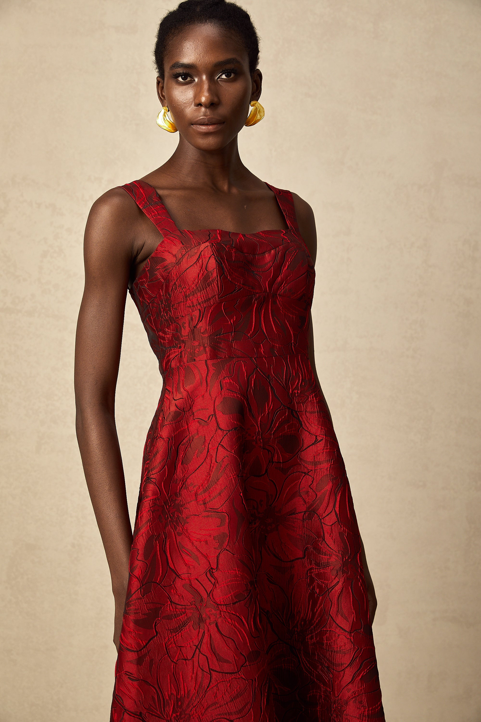 Hélène red floral-jacquard midi dress (US Only)