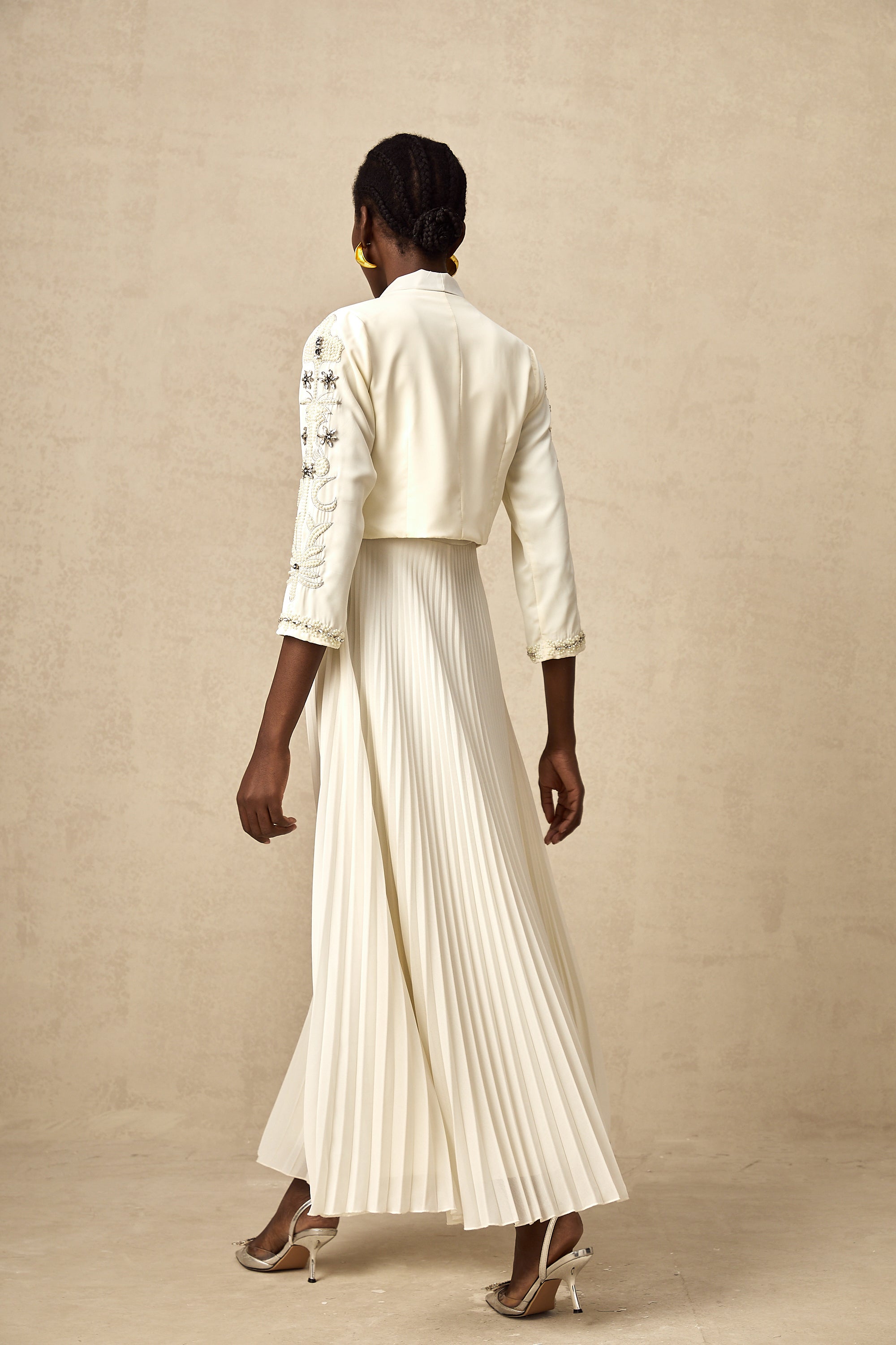 Blanche White Embellished Pleated Two-Piece Jacket and Dress Set (Final Sale-US Only)