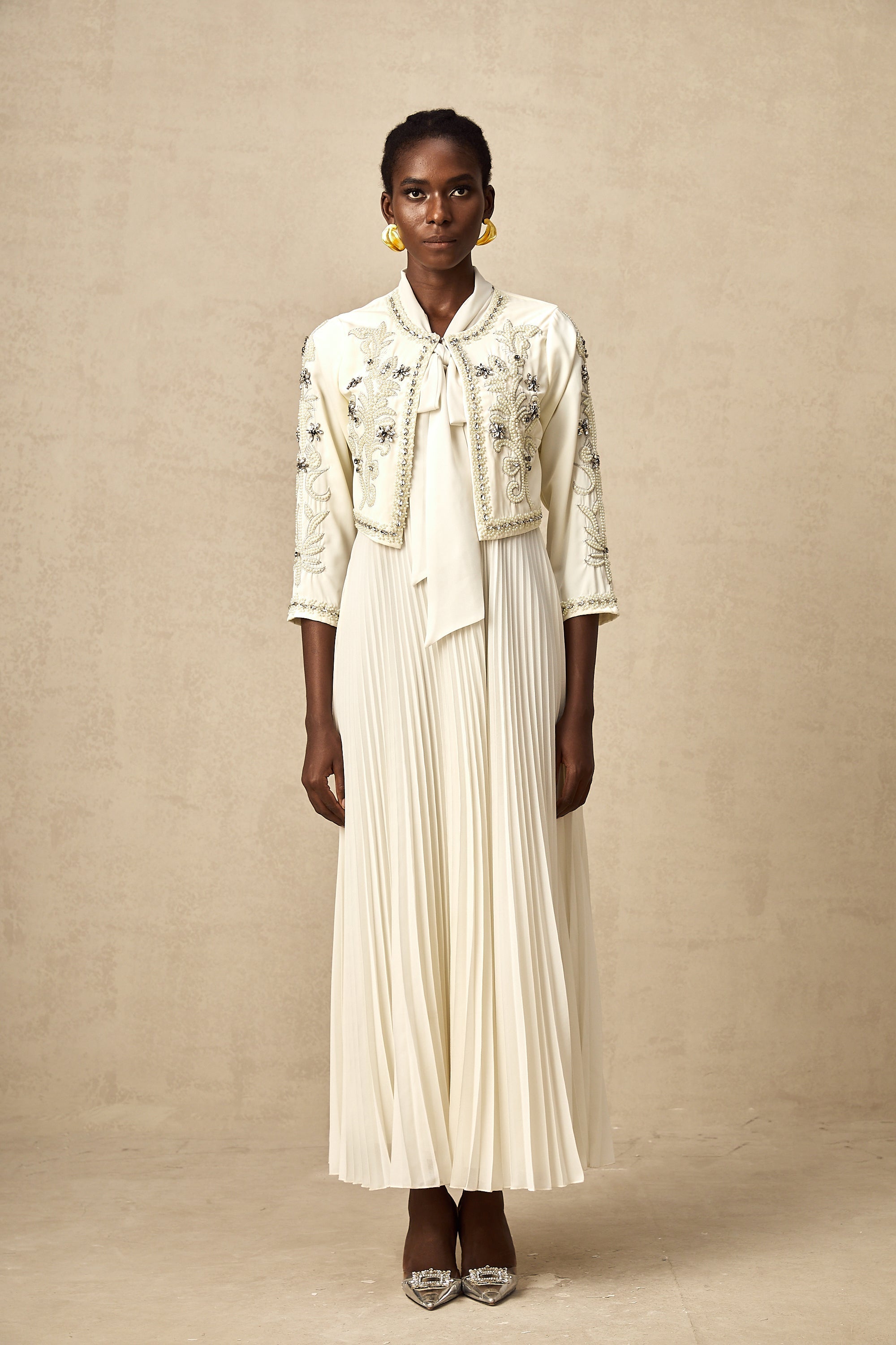 Blanche White Embellished Pleated Two-Piece Jacket and Dress Set (Final Sale-US Only)