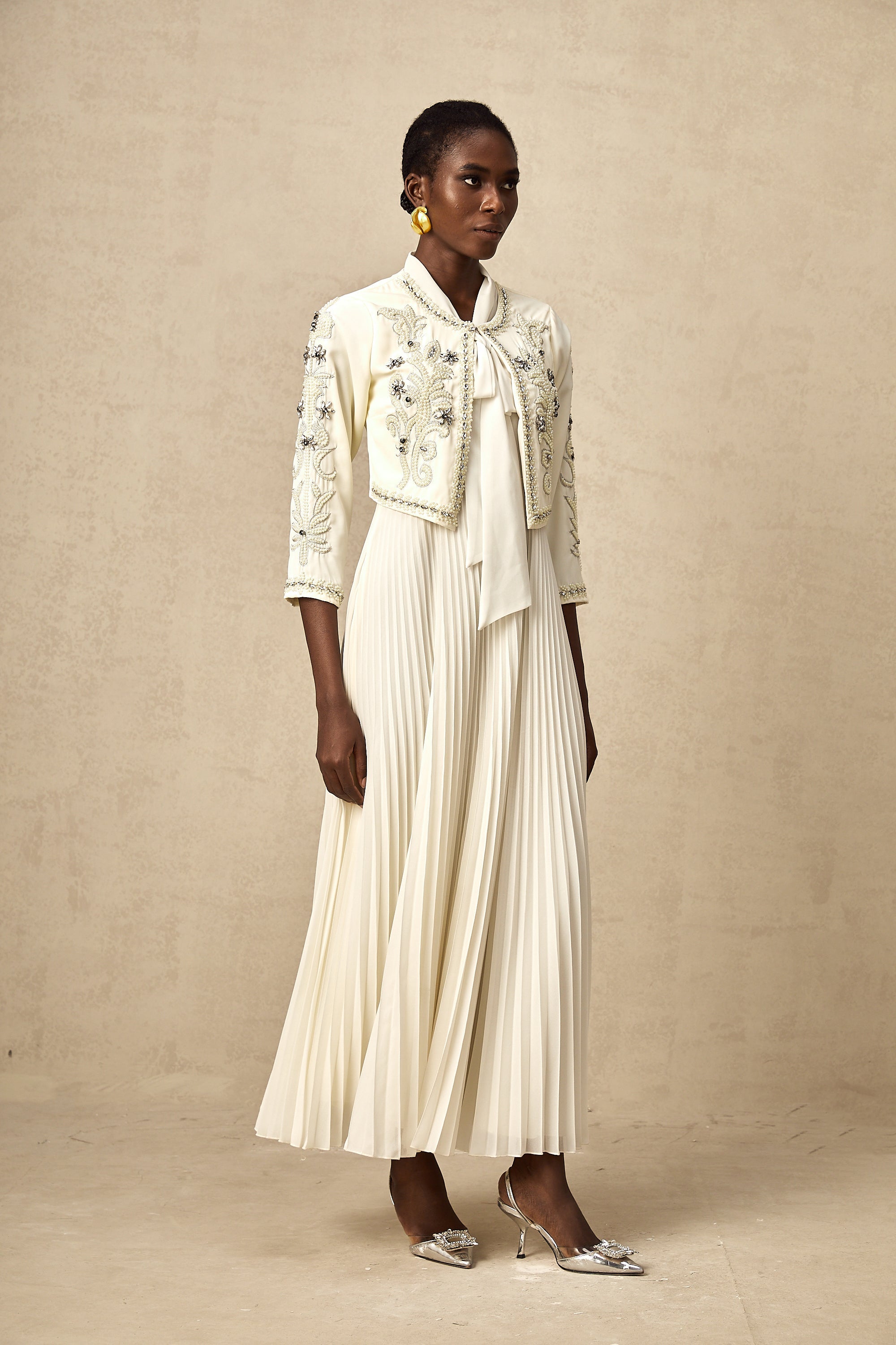 Blanche White Embellished Pleated Two-Piece Jacket and Dress Set (Final Sale-US Only)