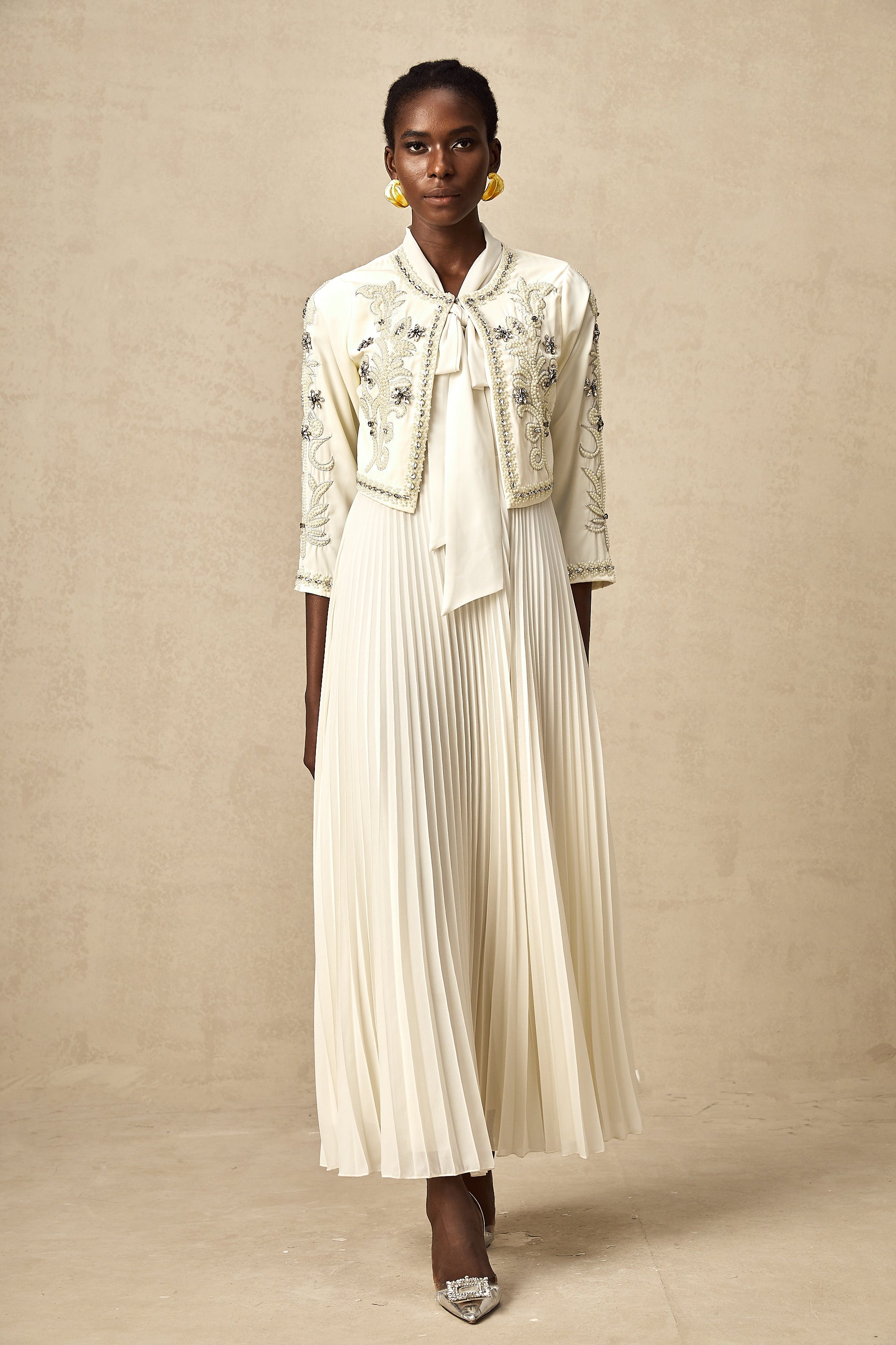 Blanche White Embellished Pleated Two-Piece Jacket and Dress Set (Final Sale-US Only)