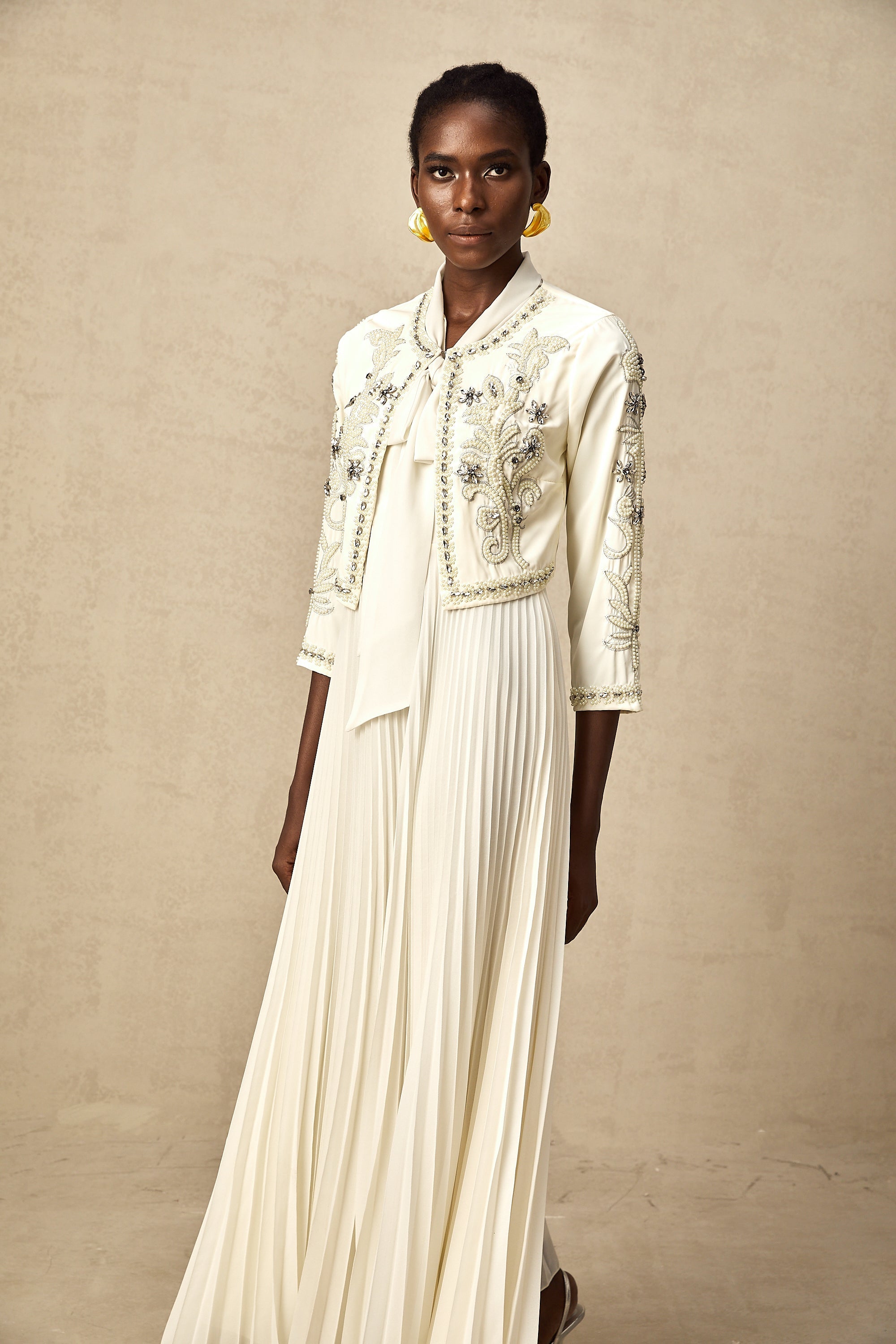 Blanche White Embellished Pleated Two-Piece Jacket and Dress Set (Final Sale-US Only)