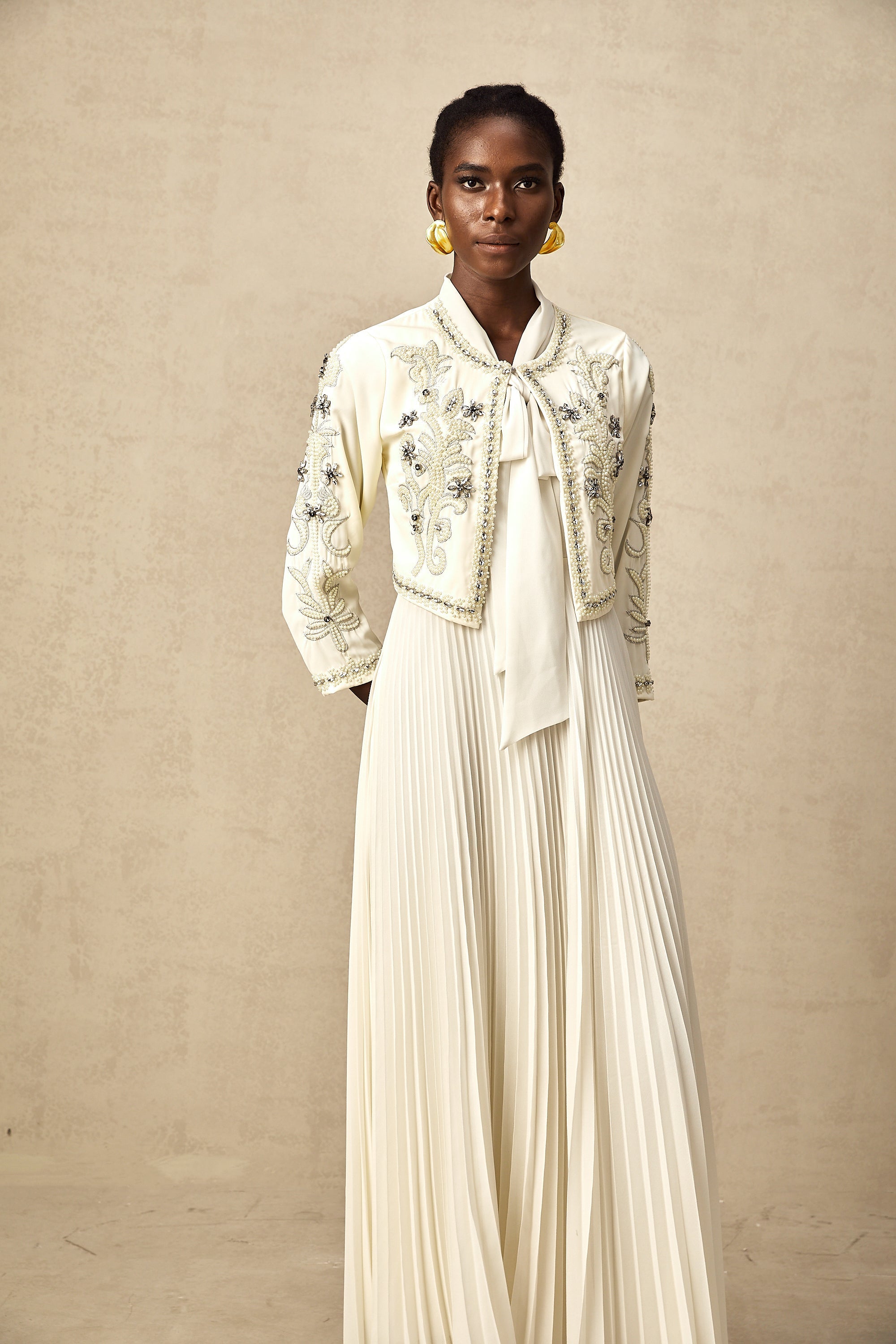 Blanche White Embellished Pleated Two-Piece Jacket and Dress Set (Final Sale-US Only)