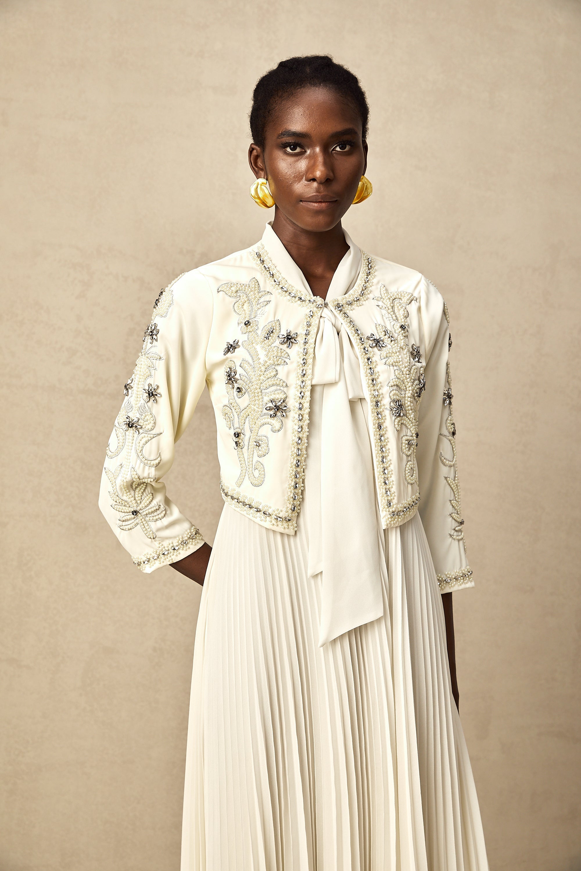 Blanche white embellished pleated jacket & dress matching set