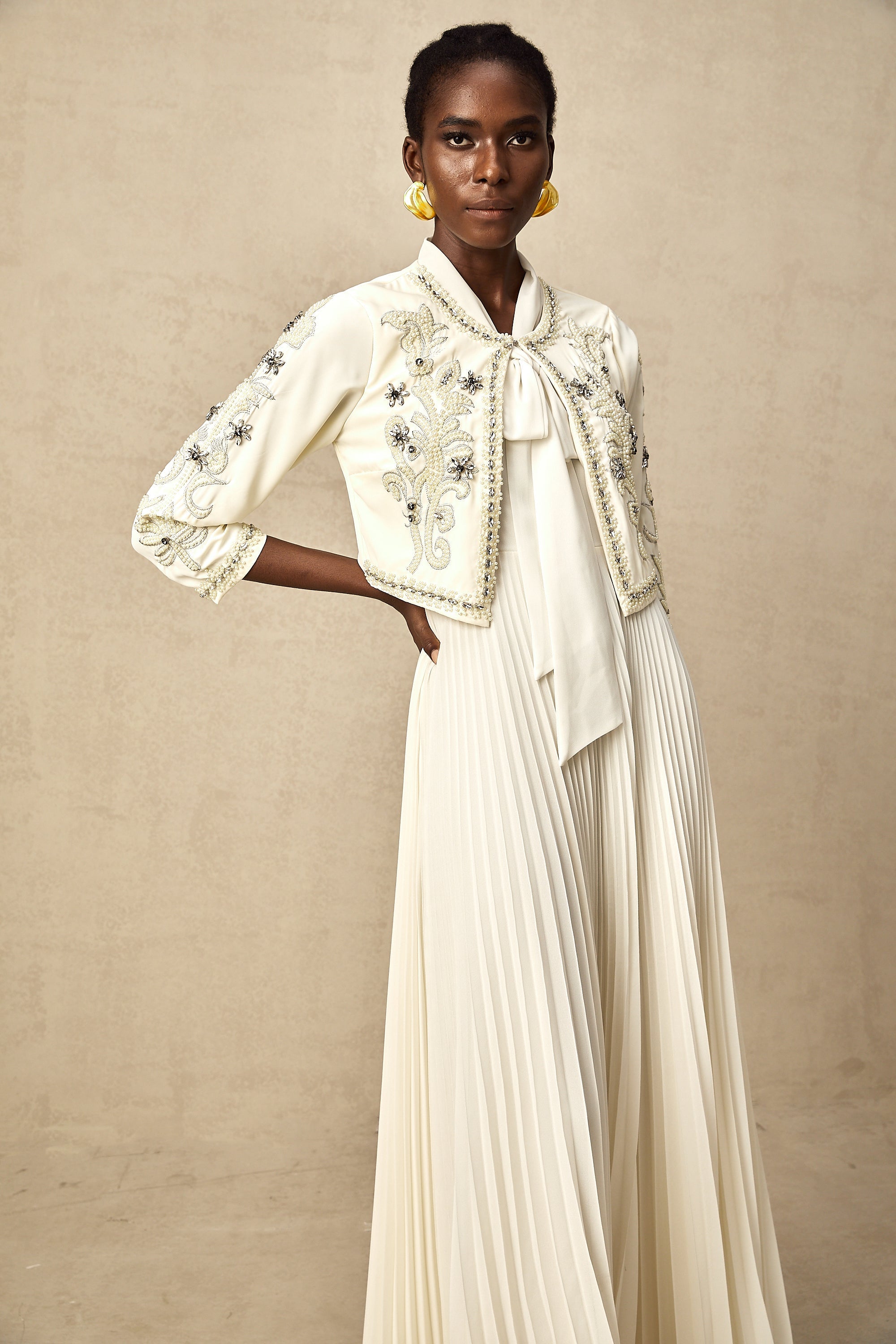 Blanche White Embellished Pleated Two-Piece Jacket and Dress Set (Final Sale-US Only)
