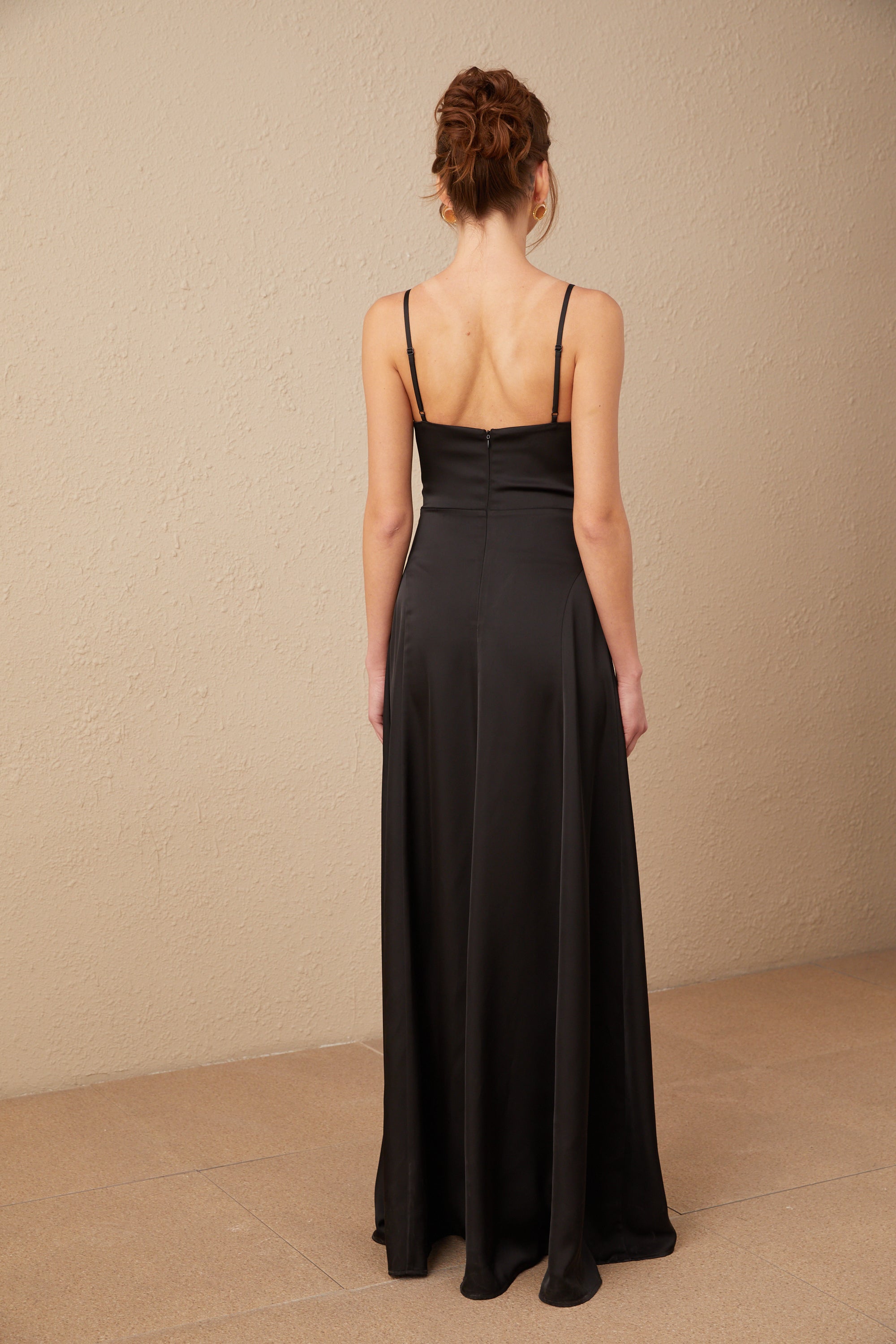Blanche black satin V-neck front-slit maxi dress (Final Sale-US Only)