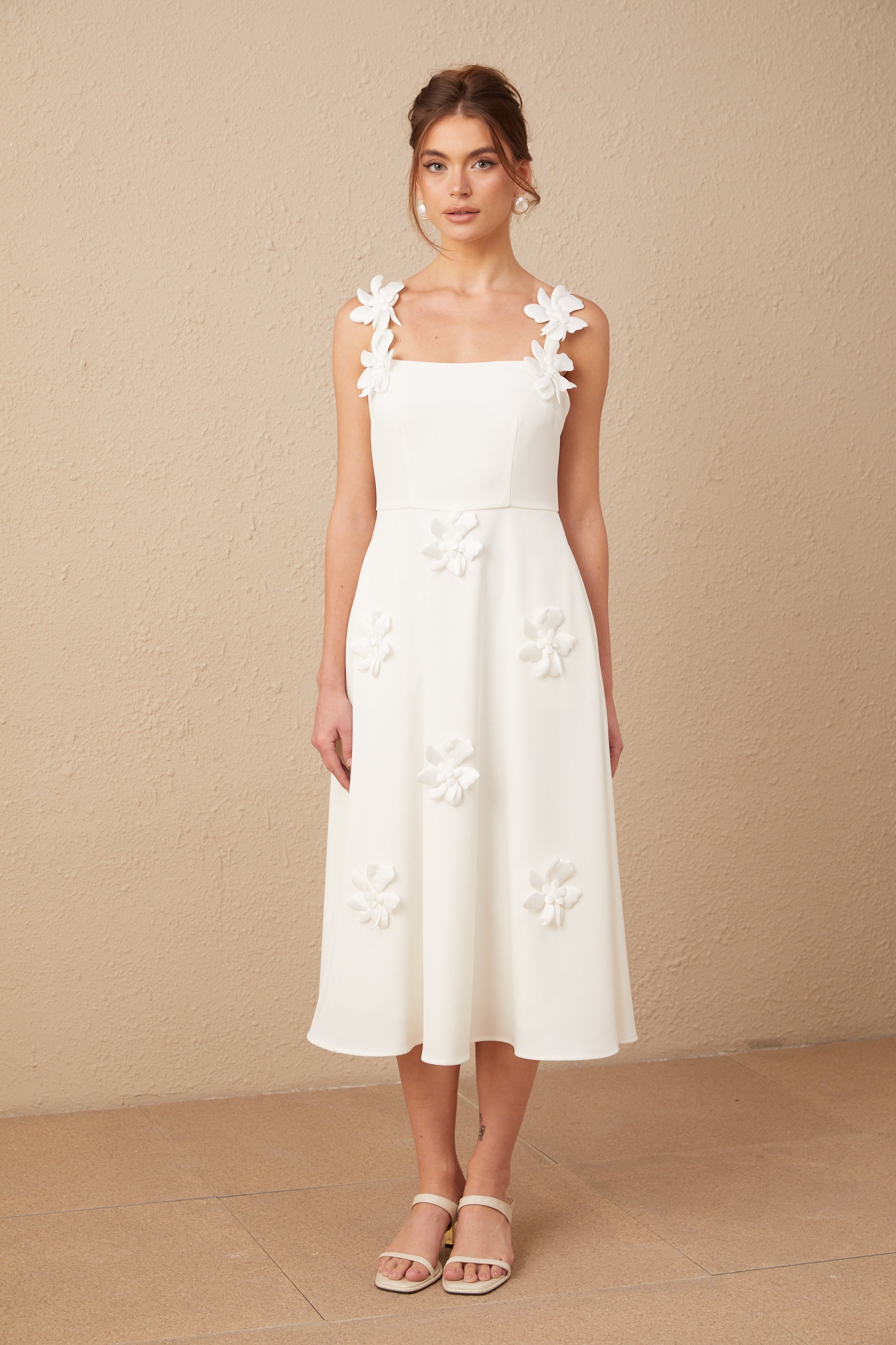 Ariane white faux-flower square-neck midi dress (Final Sale-US Only)