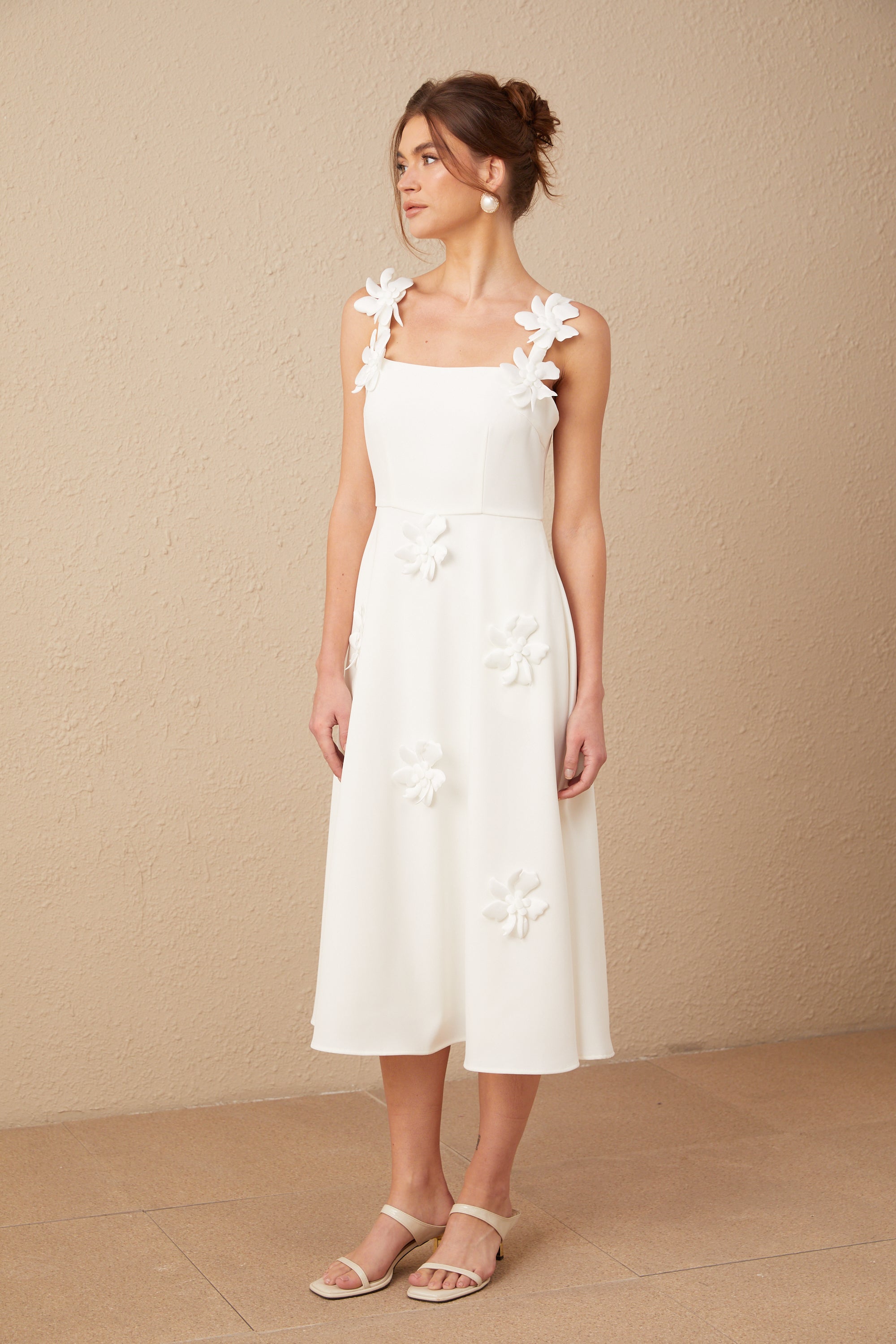 Ariane white faux-flower square-neck midi dress (Final Sale-US Only)