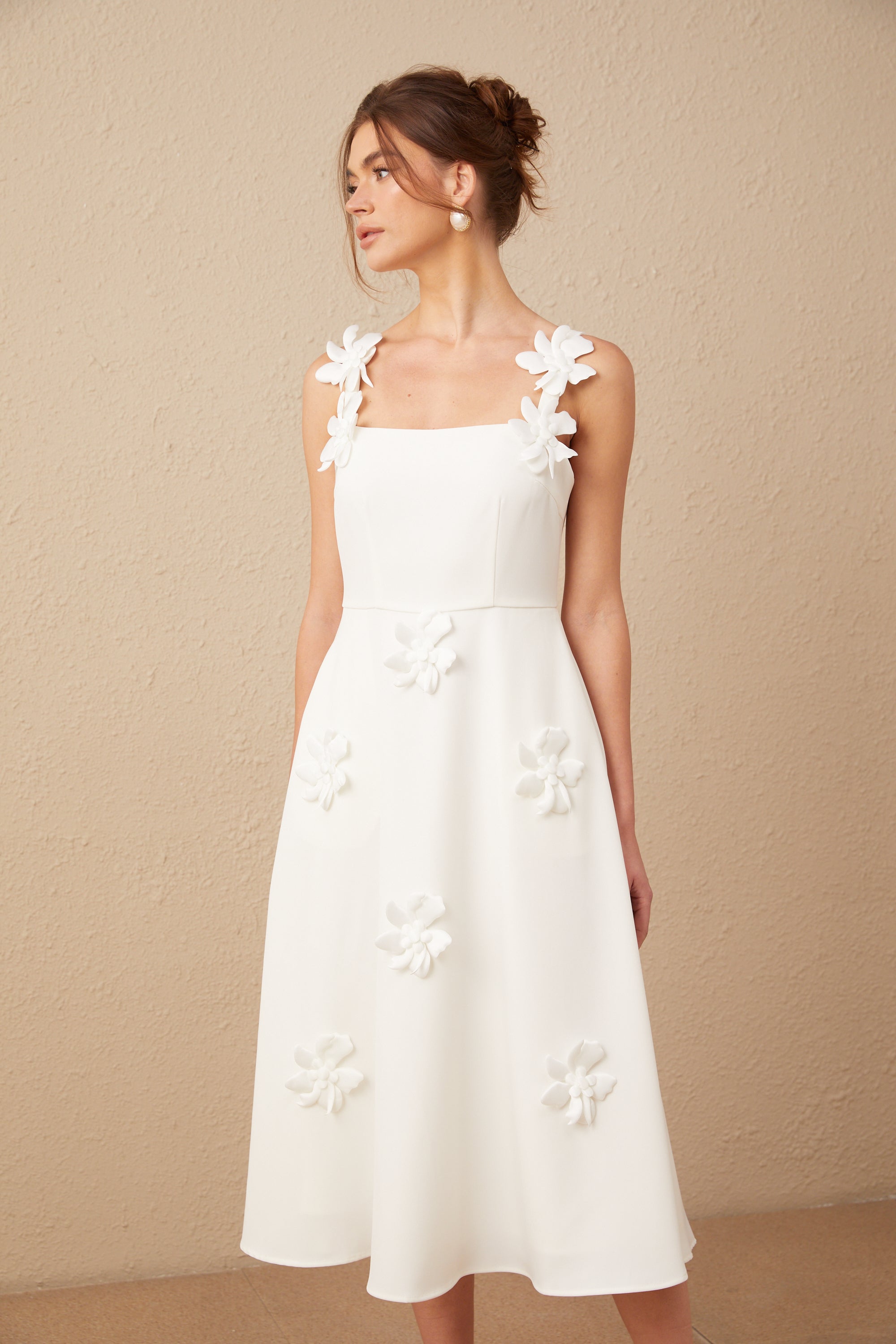 Ariane white faux-flower square-neck midi dress (Final Sale-US Only)