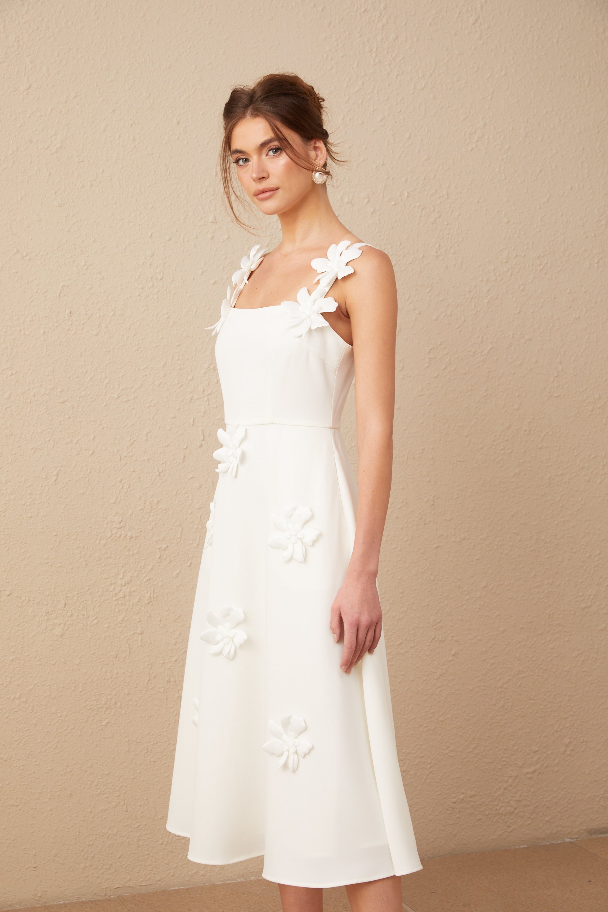Ariane white faux-flower square-neck midi dress (Final Sale-US Only)