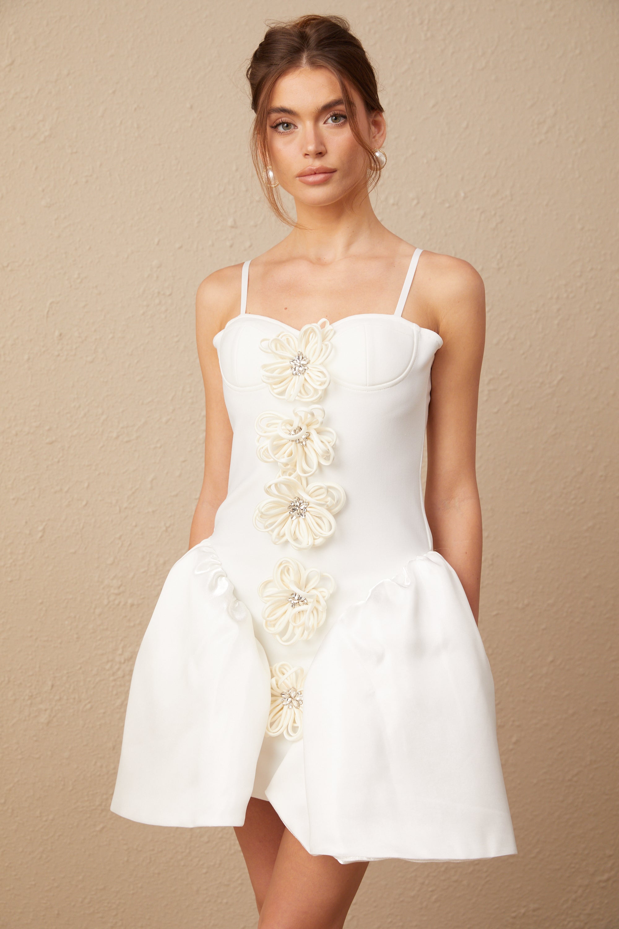 Lis white flower-motif bustier mini dress