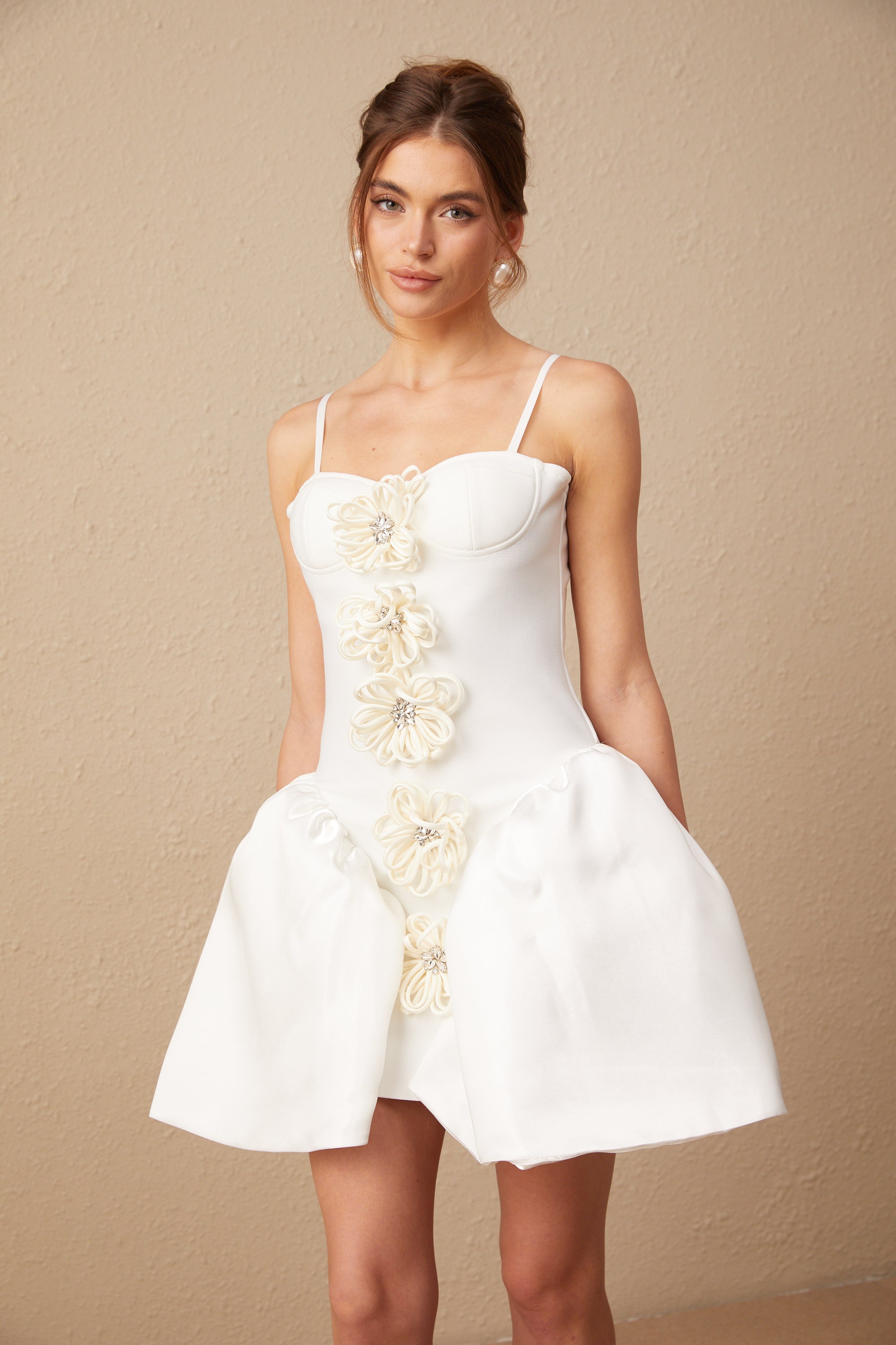 Lis white flower-motif bustier mini dress