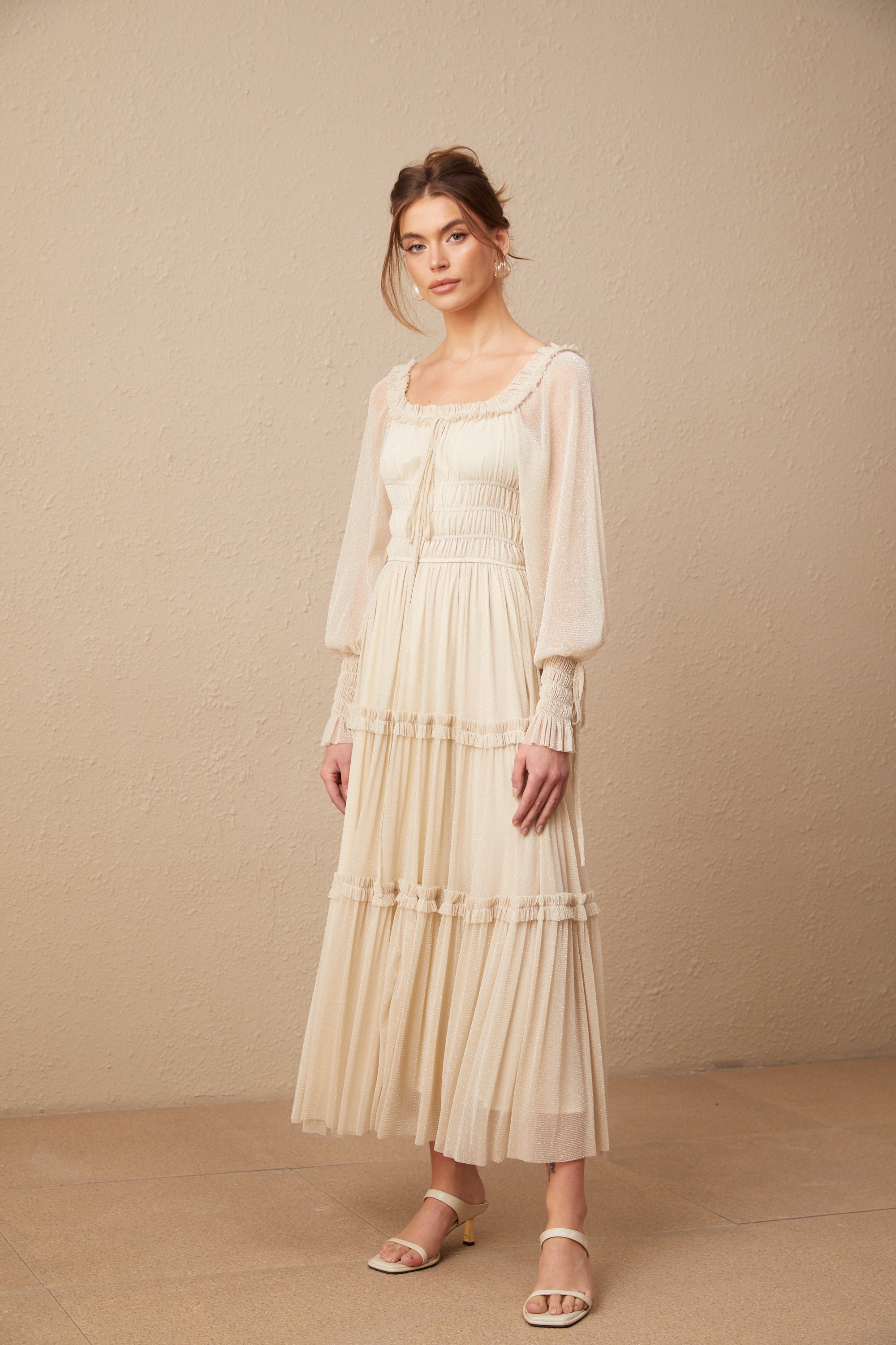 Camille pleated shirred metallic midi dress