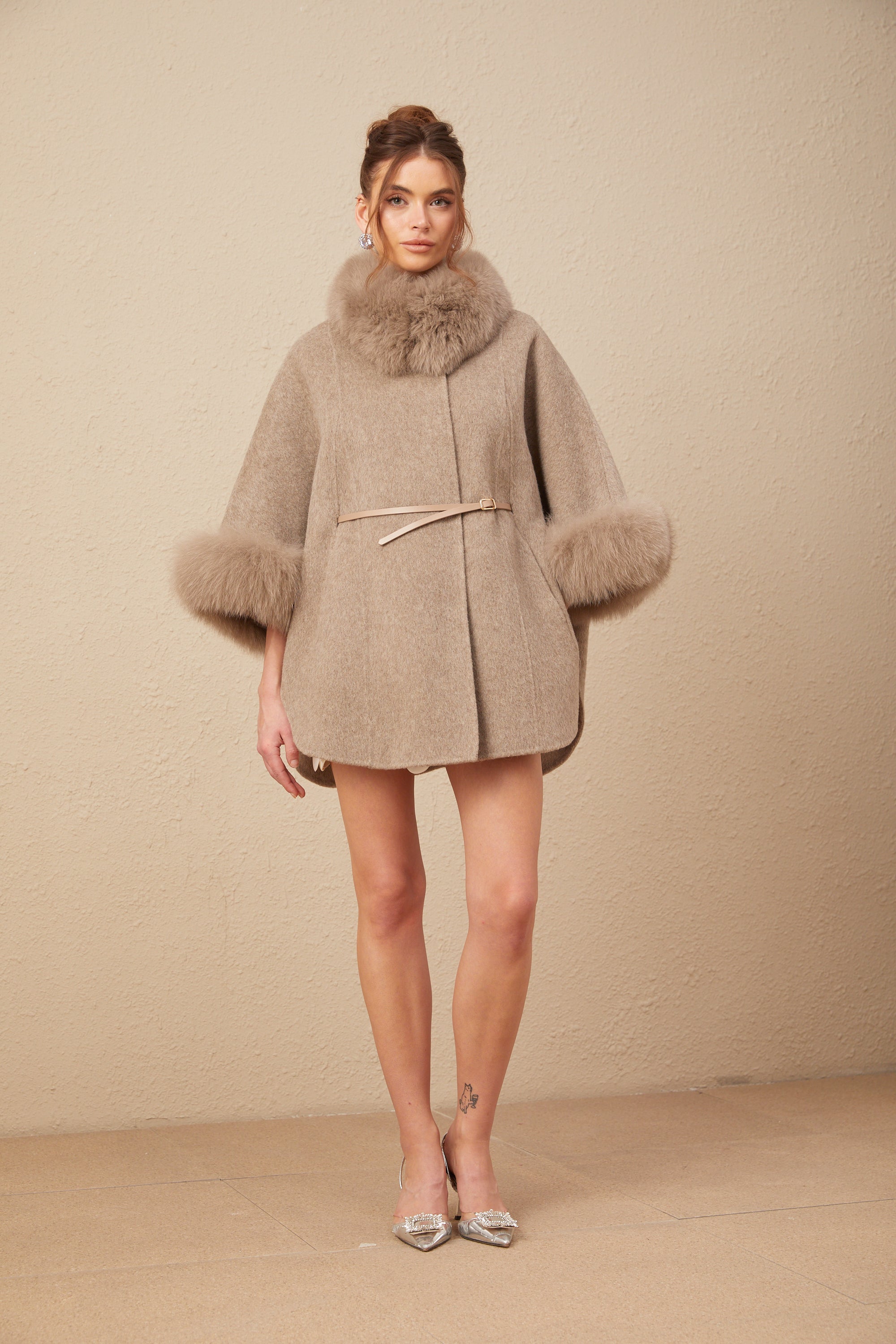 Chloris wool fur belted cape coat in Brown (Final Sale-US Only)