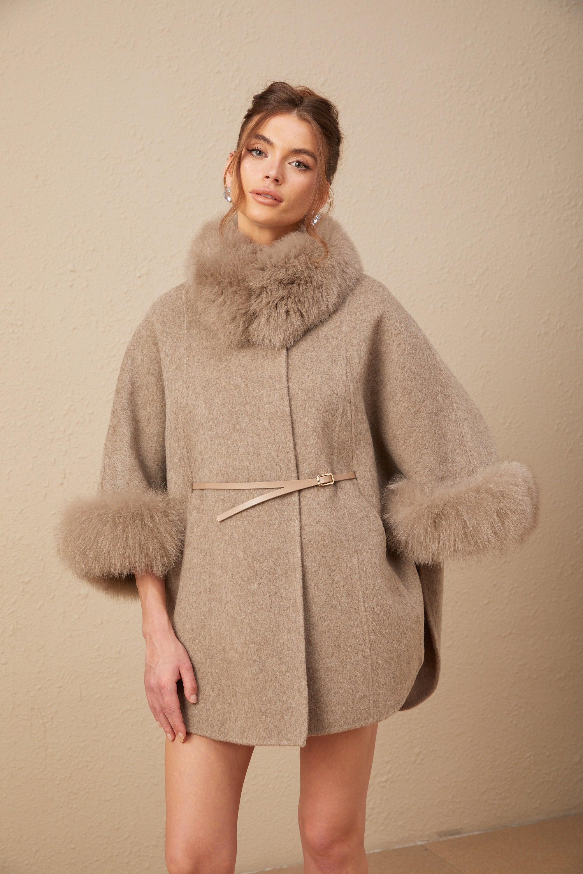 Chloris wool fur belted cape coat in Brown (Final Sale-US Only)
