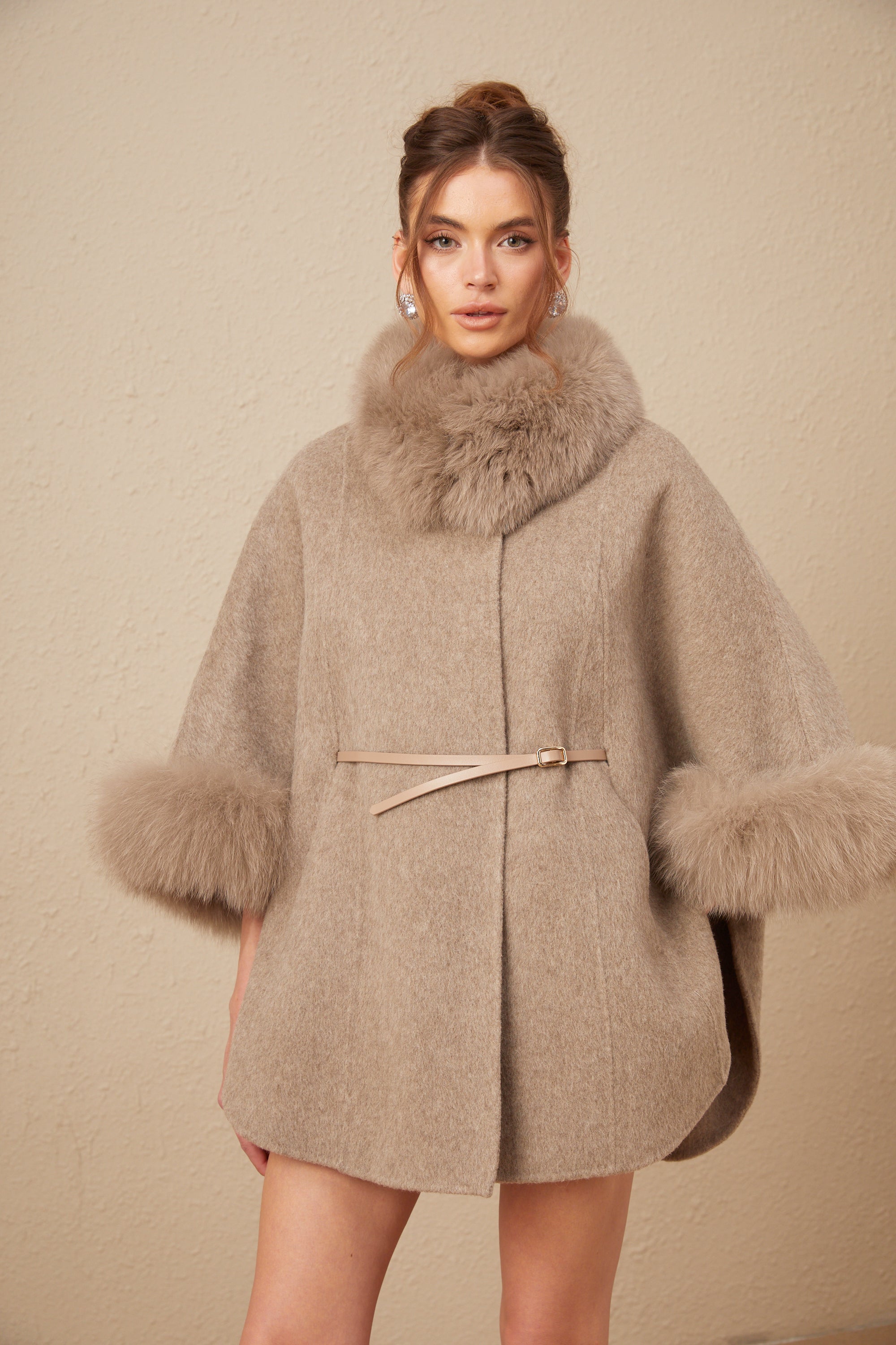 Chloris wool fur belted cape coat in Brown (Final Sale-US Only)