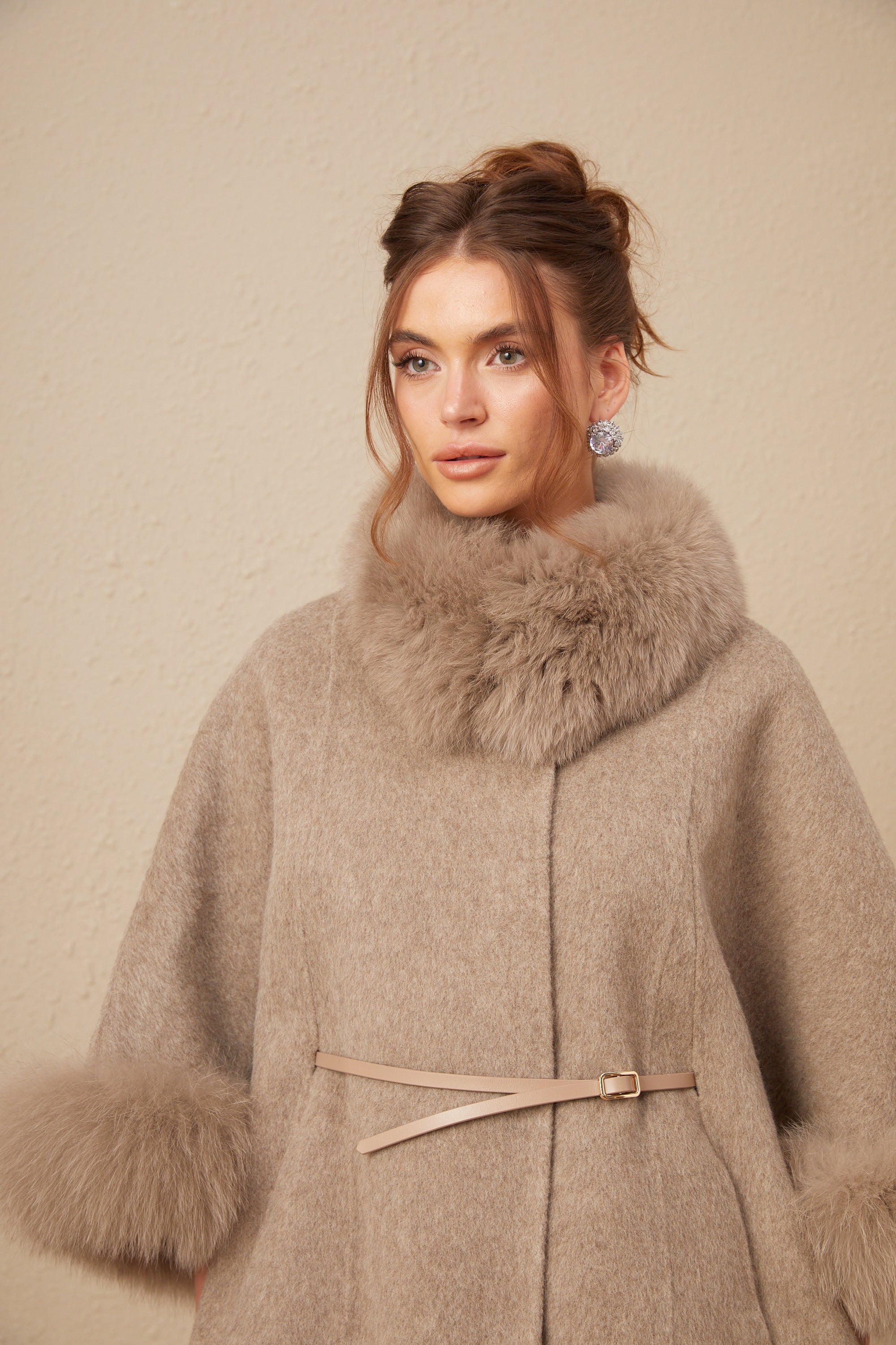 Chloris wool fur belted cape coat in Brown (Final Sale-US Only)