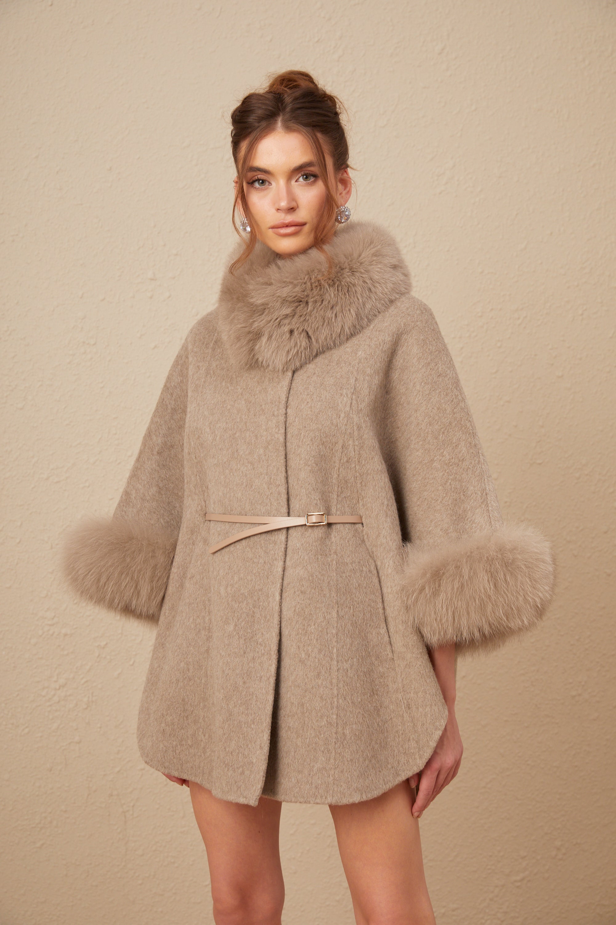 Chloris wool fur belted cape coat in Brown (Final Sale-US Only)
