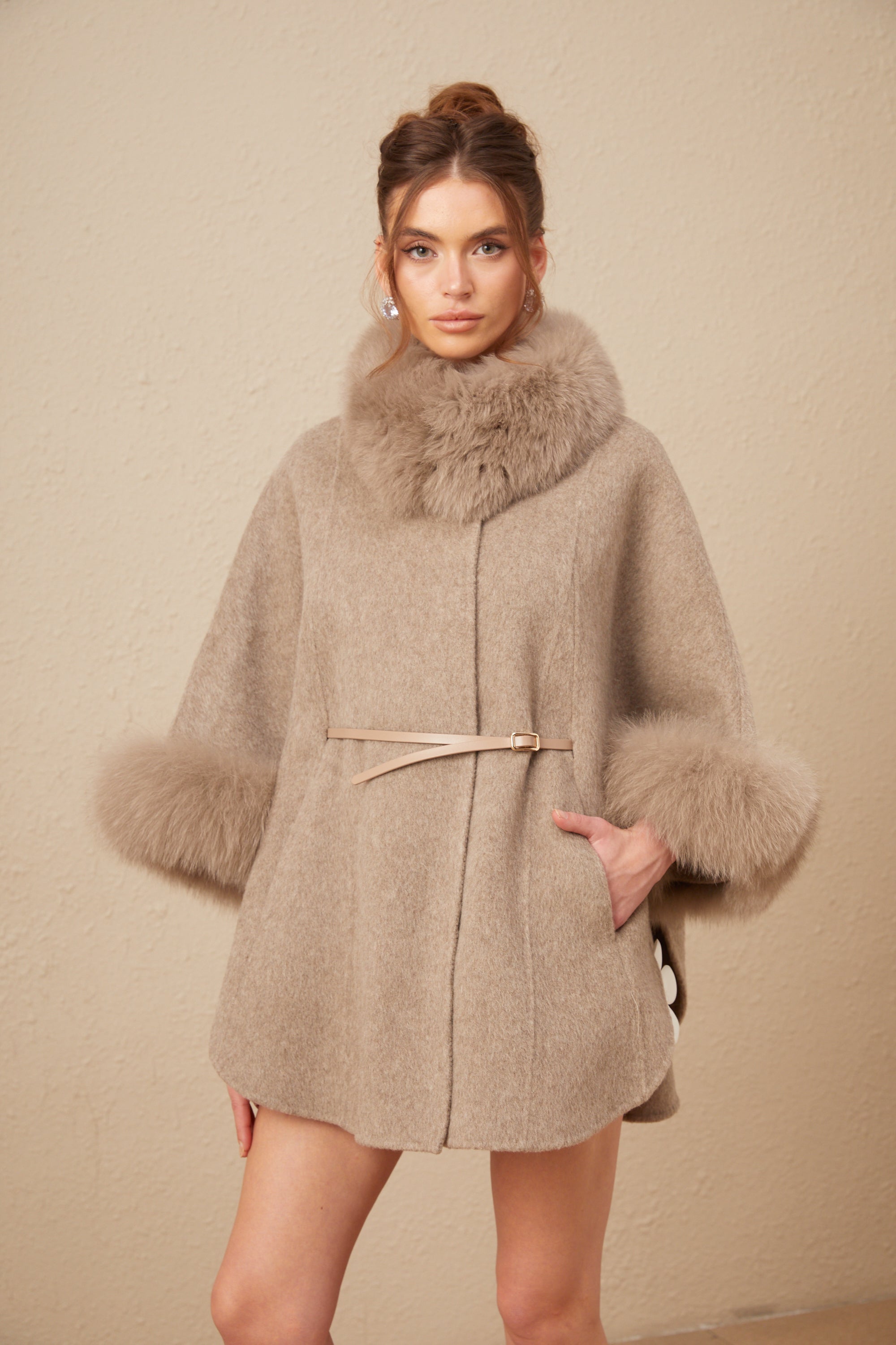 Chloris wool fur belted cape coat in Brown (Final Sale-US Only)