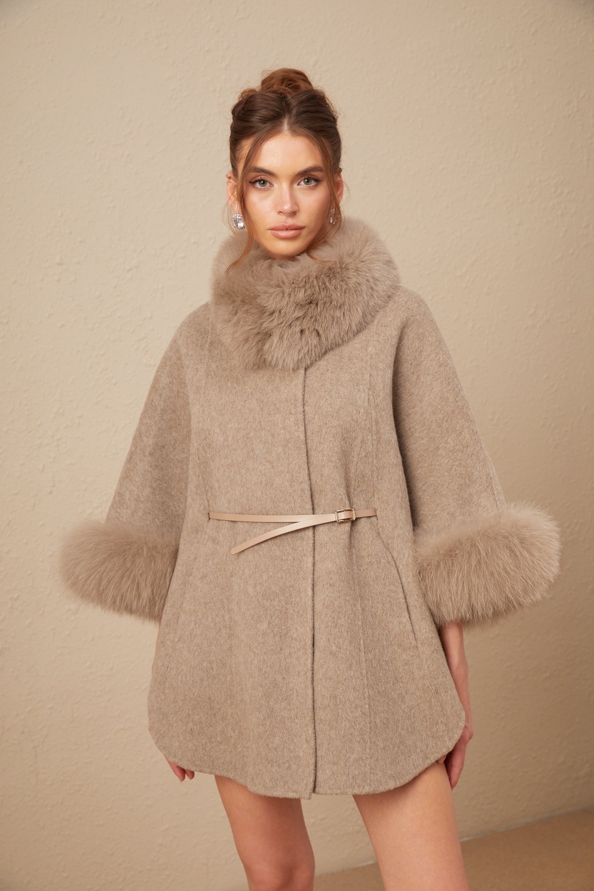 Chloris wool fur belted cape coat in Brown (Final Sale-US Only)
