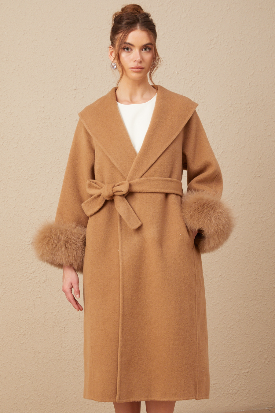Ysandre brown felted woolen wrap overcoat