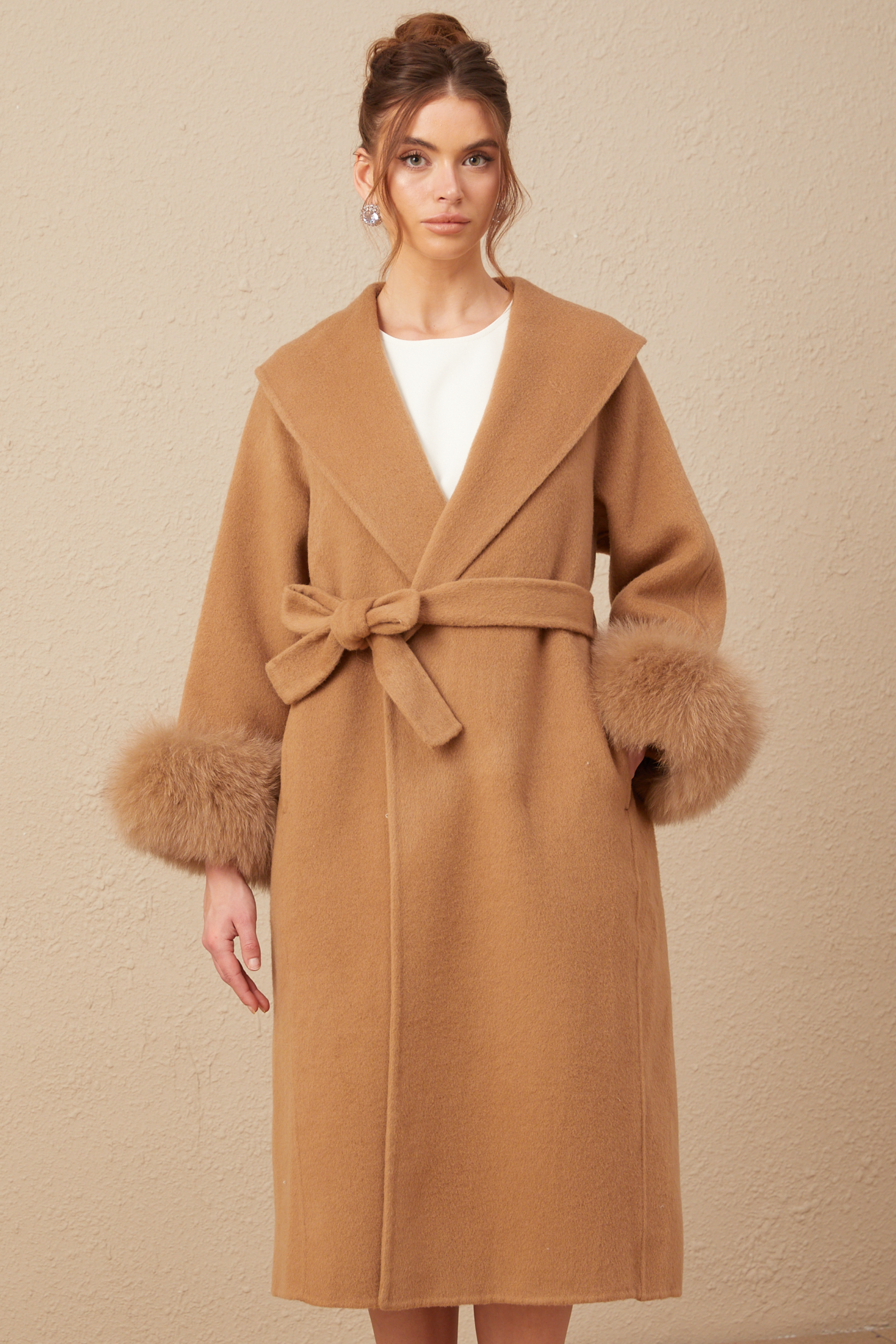 Ysandre brown felted woolen wrap overcoat (US Only)