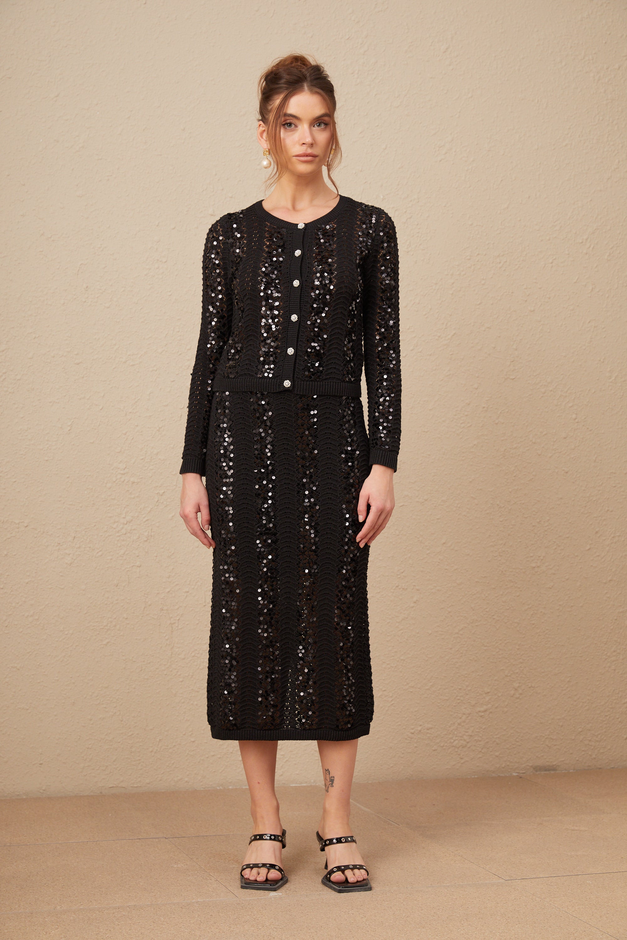 Ophelie black sequined crochet-knit cardigan & skirt matching set