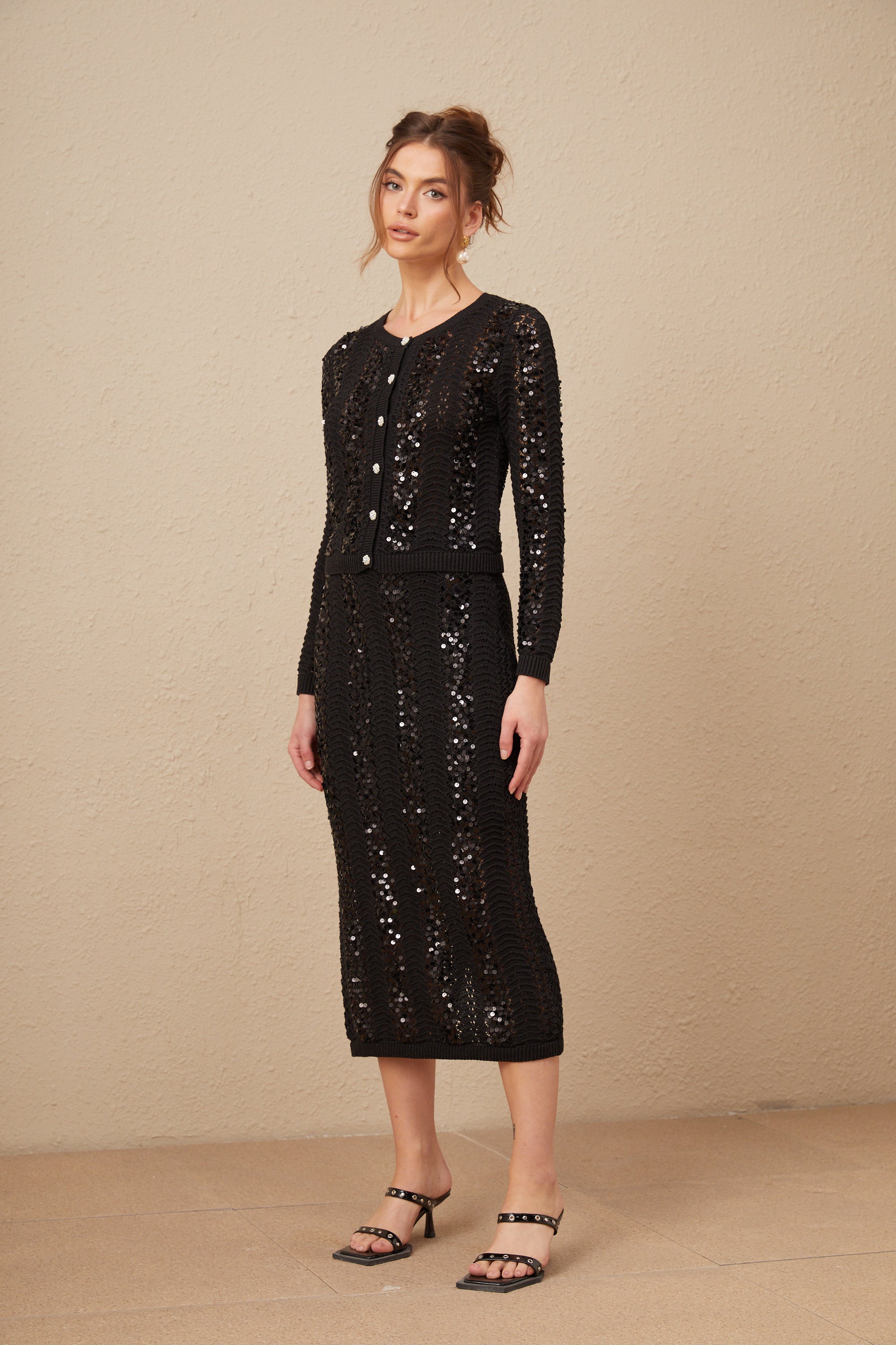 Ophelie black sequined crochet-knit cardigan & skirt matching set