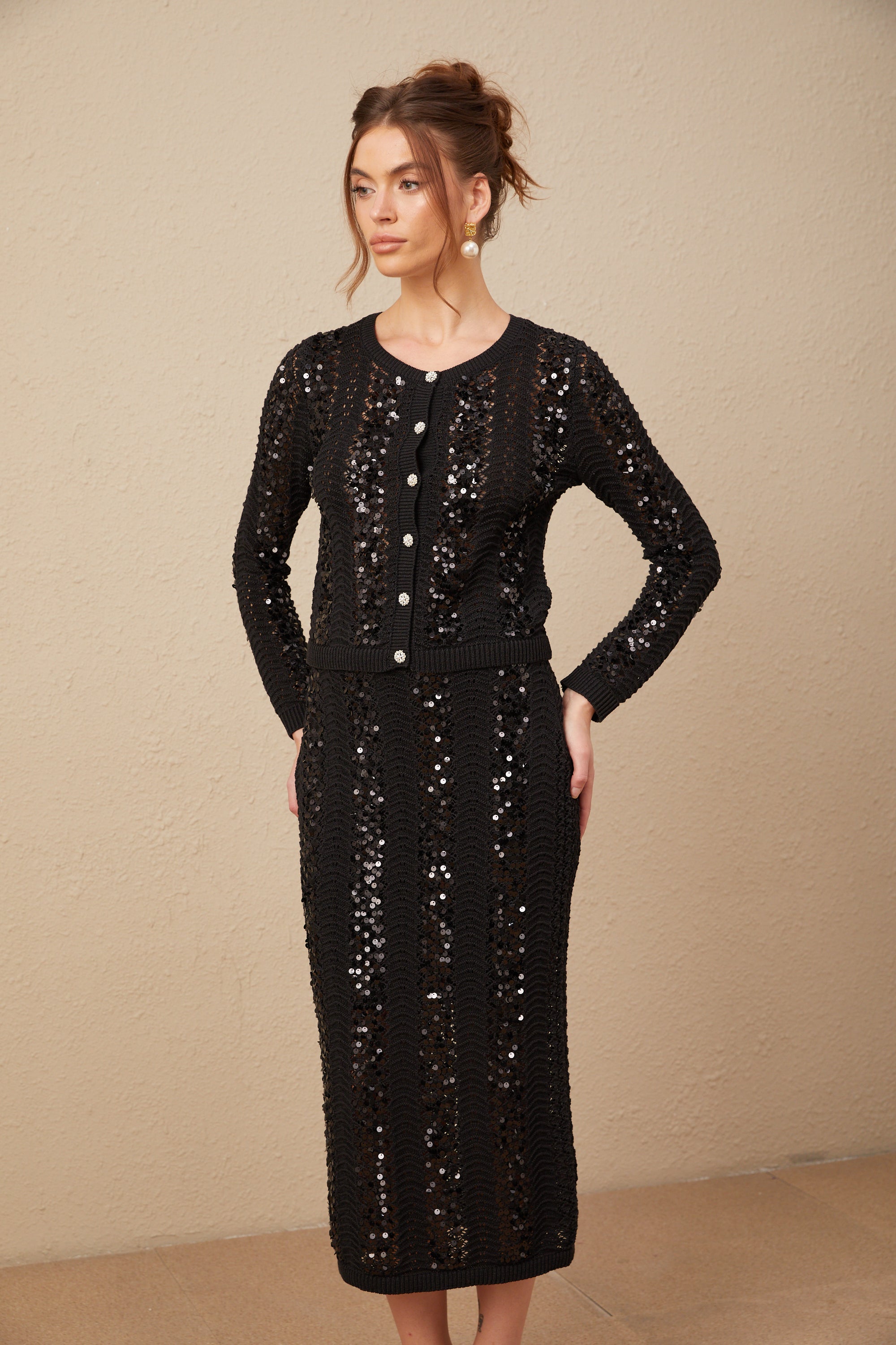 Ophelie black sequined crochet-knit cardigan & skirt matching set
