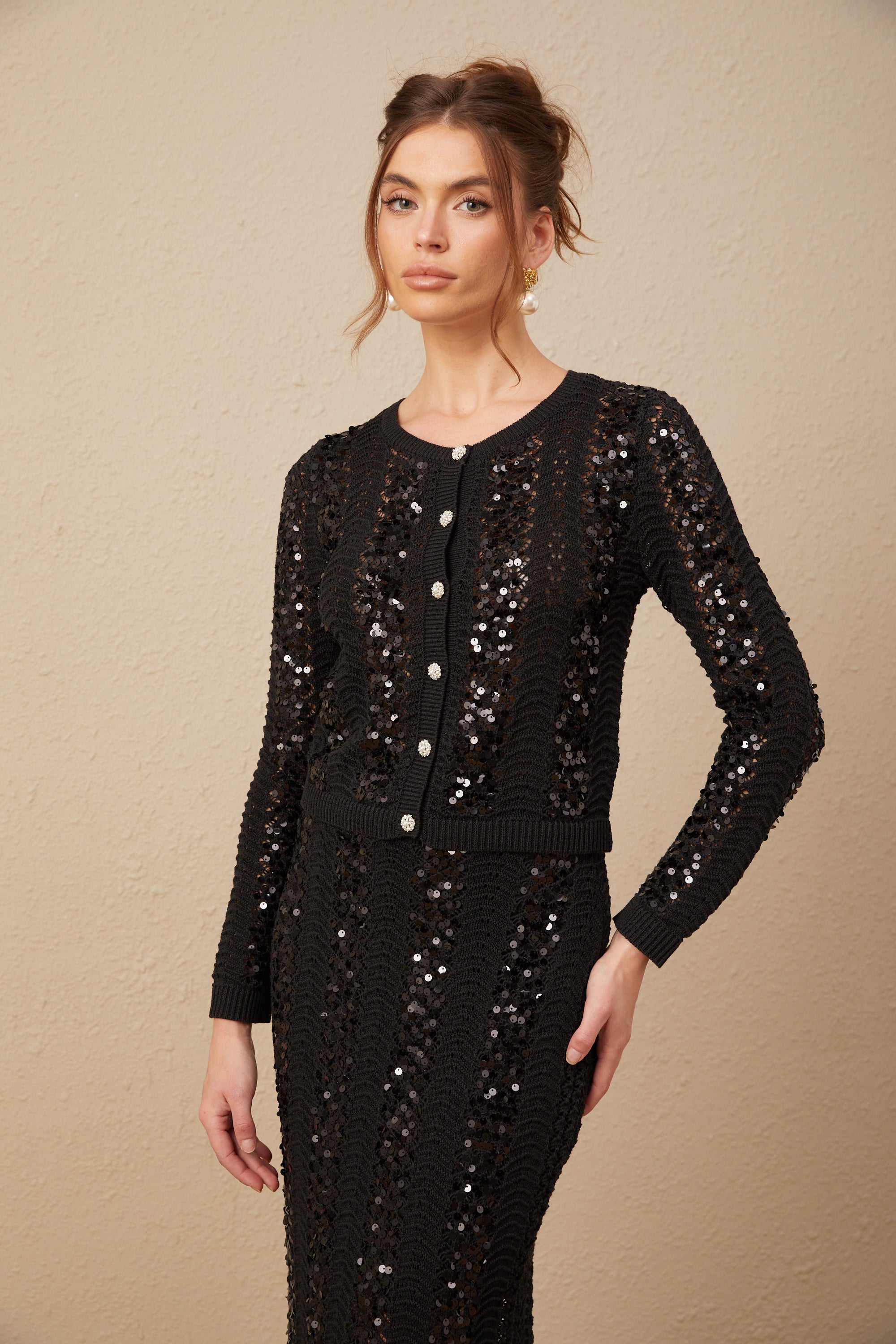 Ophelie black sequined crochet-knit cardigan & skirt matching set