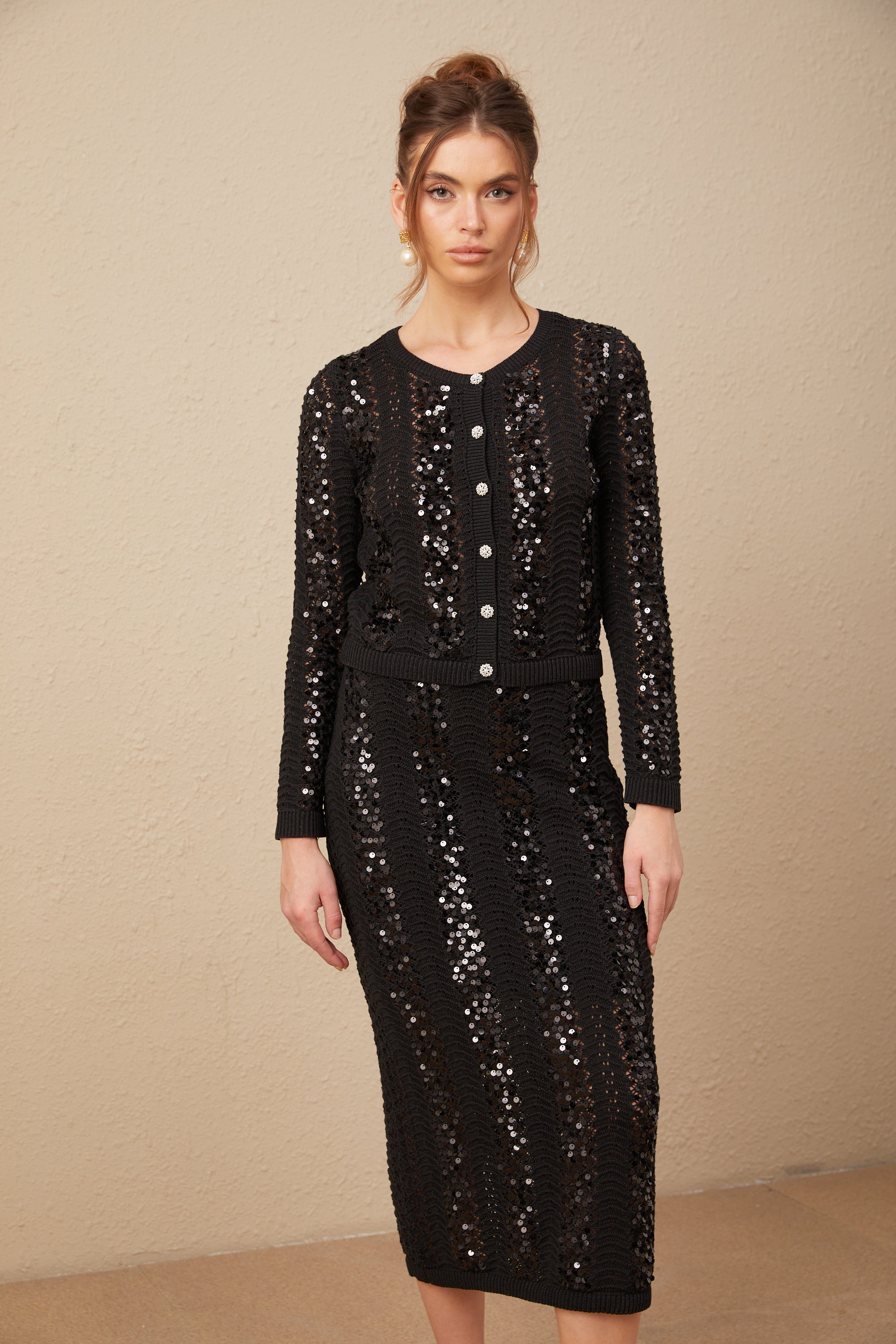 Ophelie black sequined crochet-knit cardigan & skirt matching set