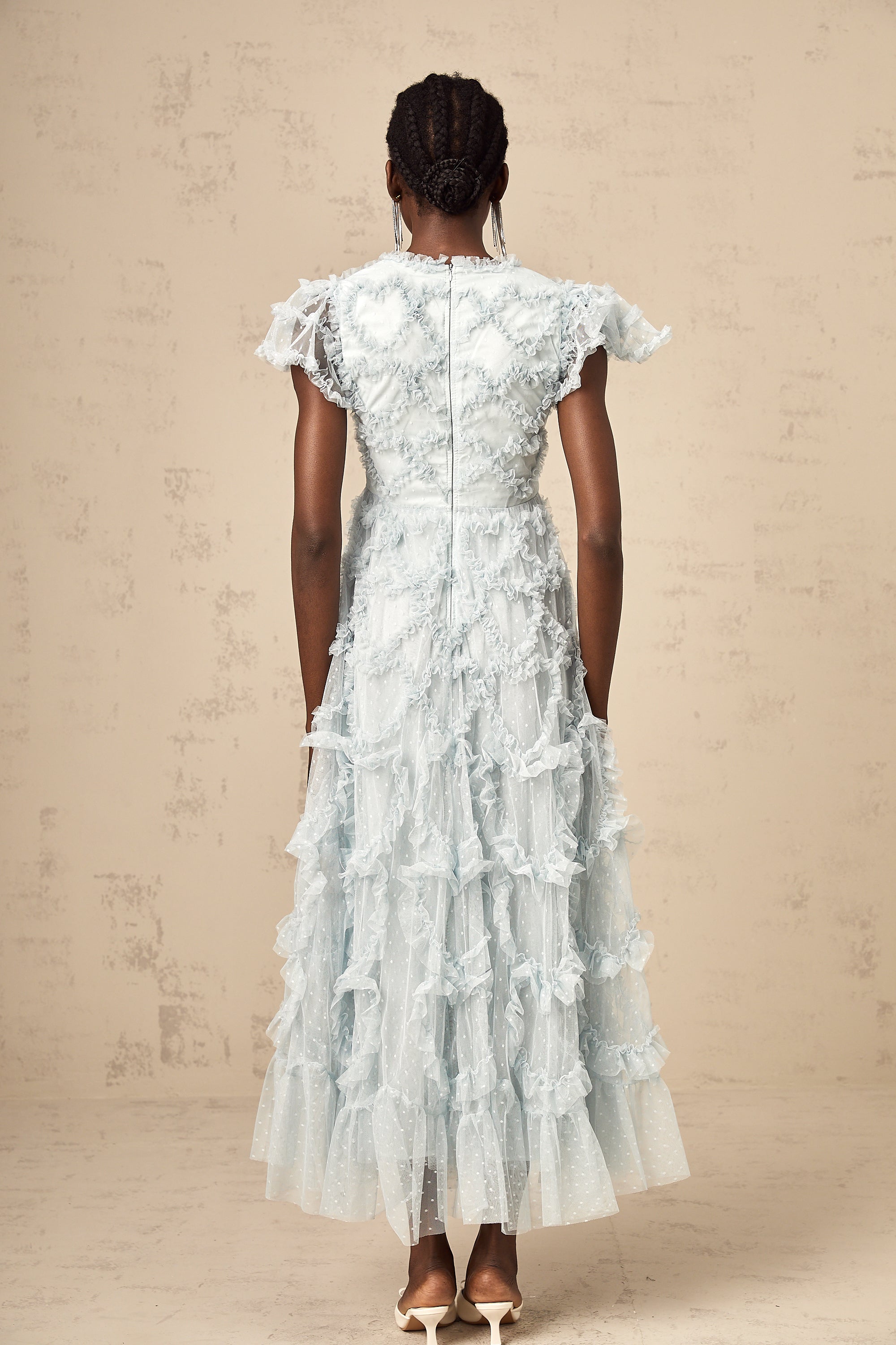 Corinna blue dot-detail ruffled midi dress (US Only)