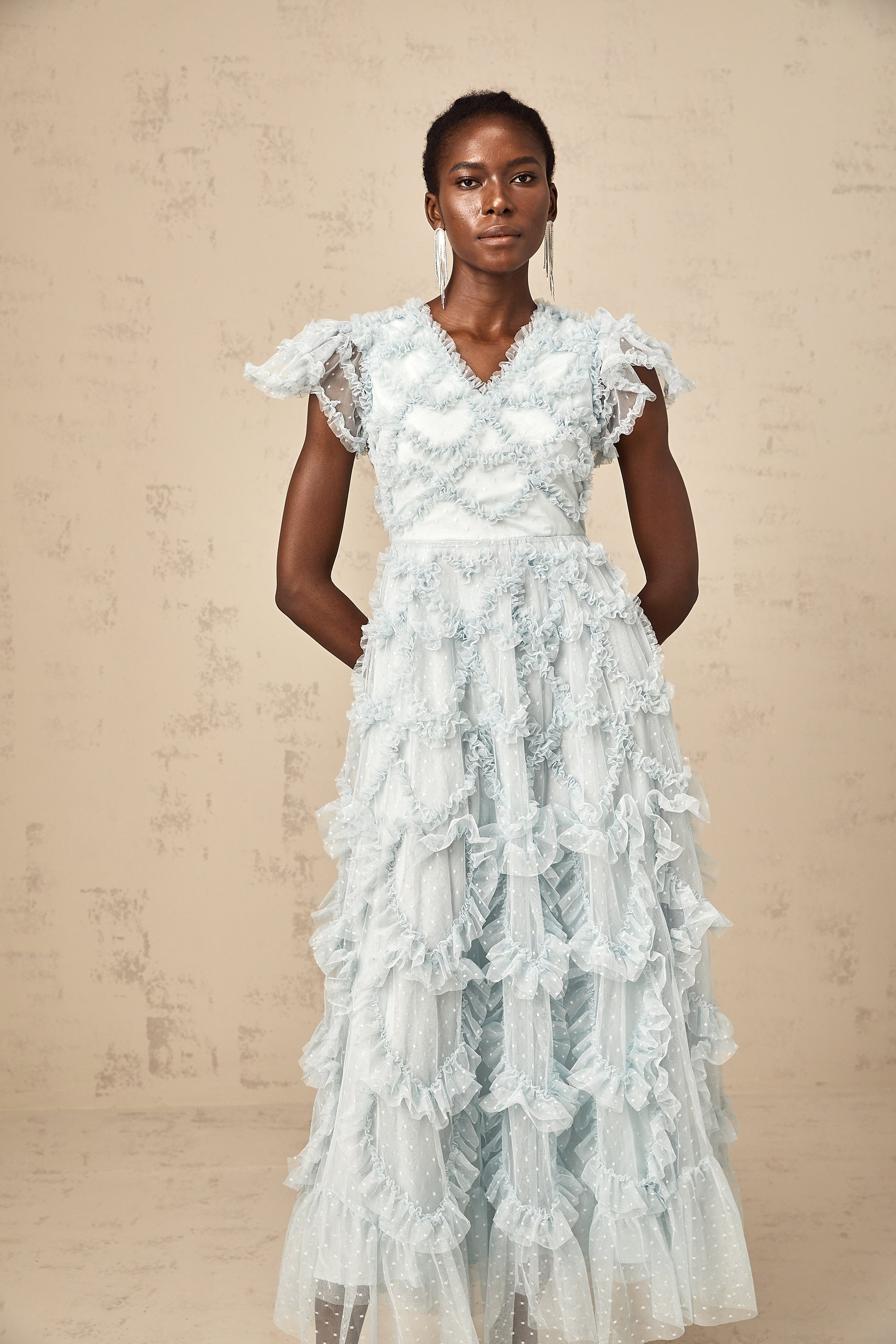 Corinna blue dot-detail ruffled midi dress (US Only)