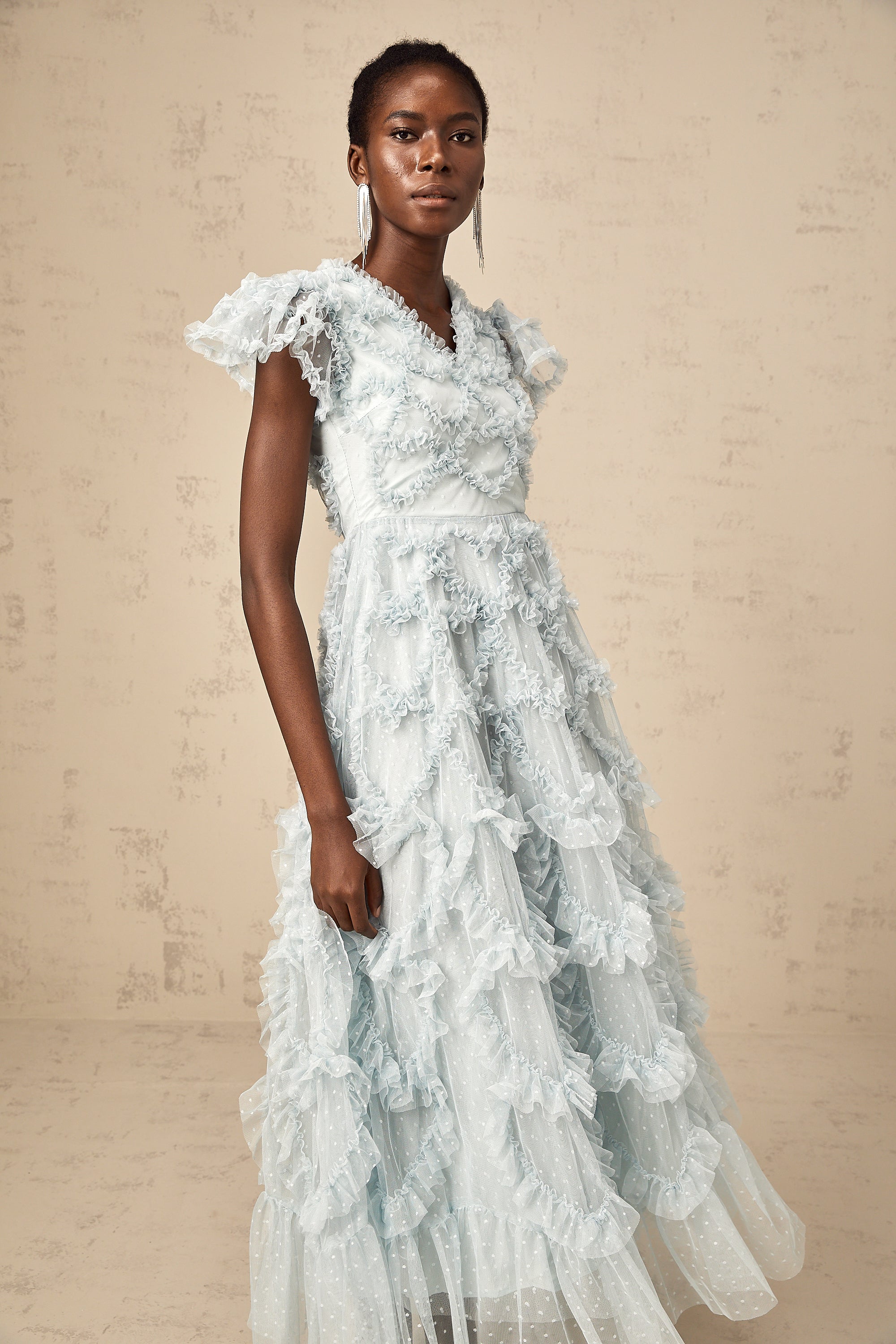 Corinna blue dot-detail ruffled midi dress (US Only)