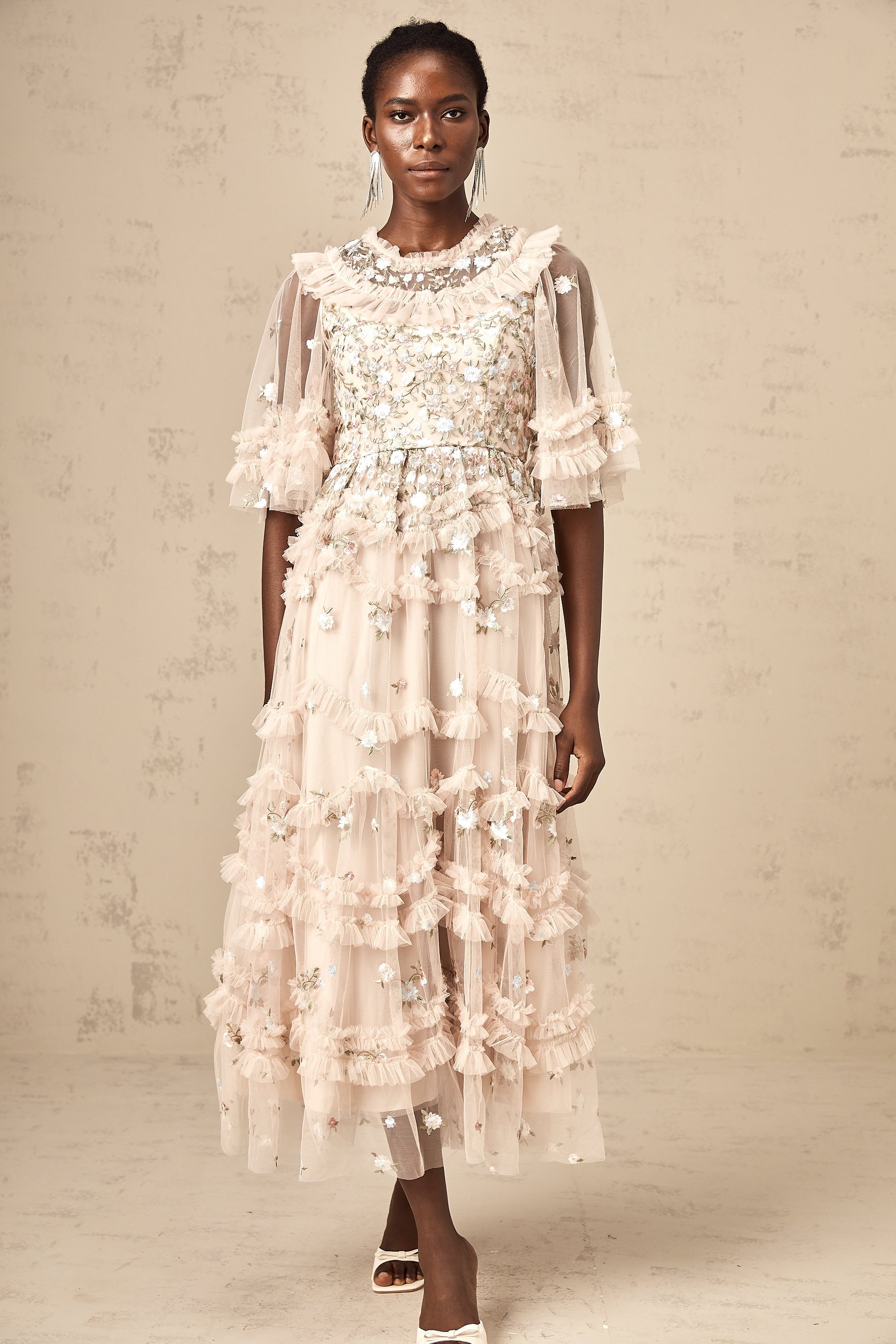 Kévina floral-embroidered tiered ruffled midi dress