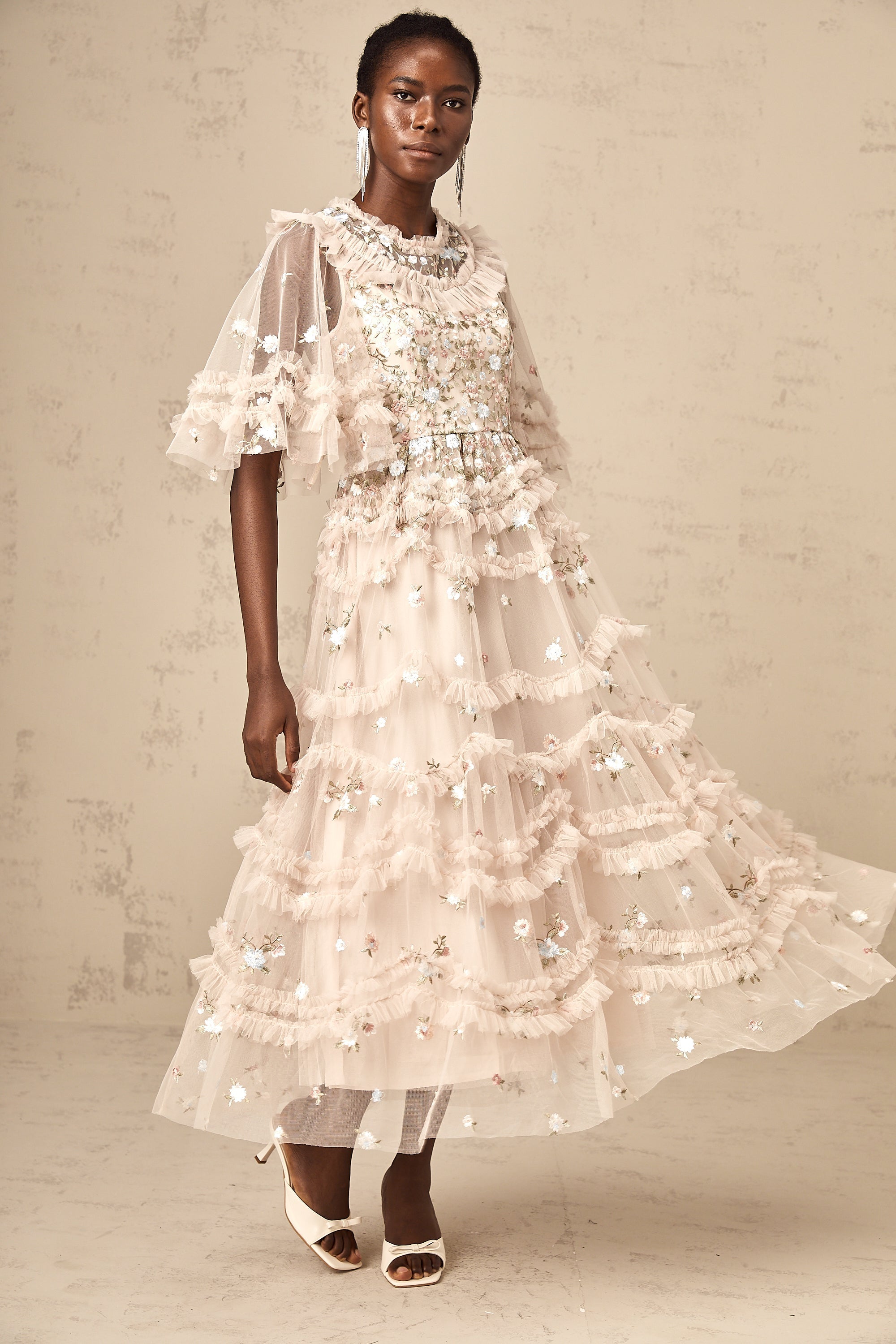 Kévina floral-embroidered tiered ruffled midi dress